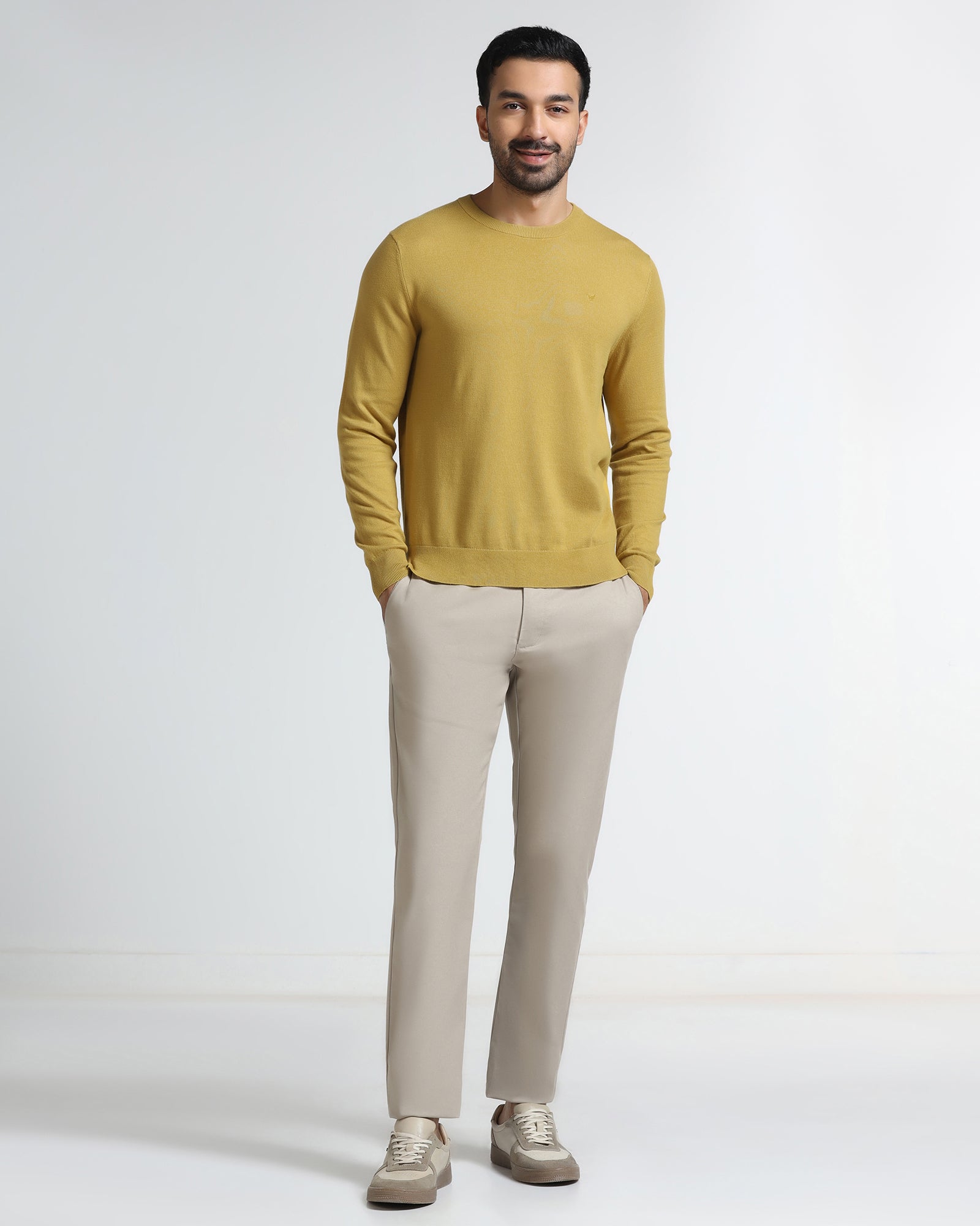 Ochre Yellow Crew Neck Solid Sweater - Mario