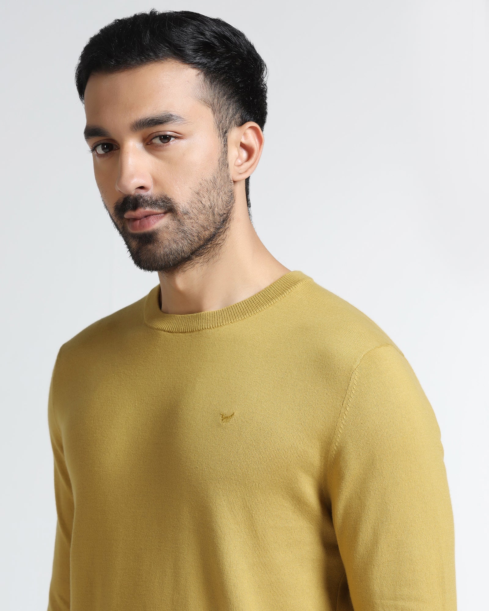 Ochre Yellow Crew Neck Solid Sweater - Mario