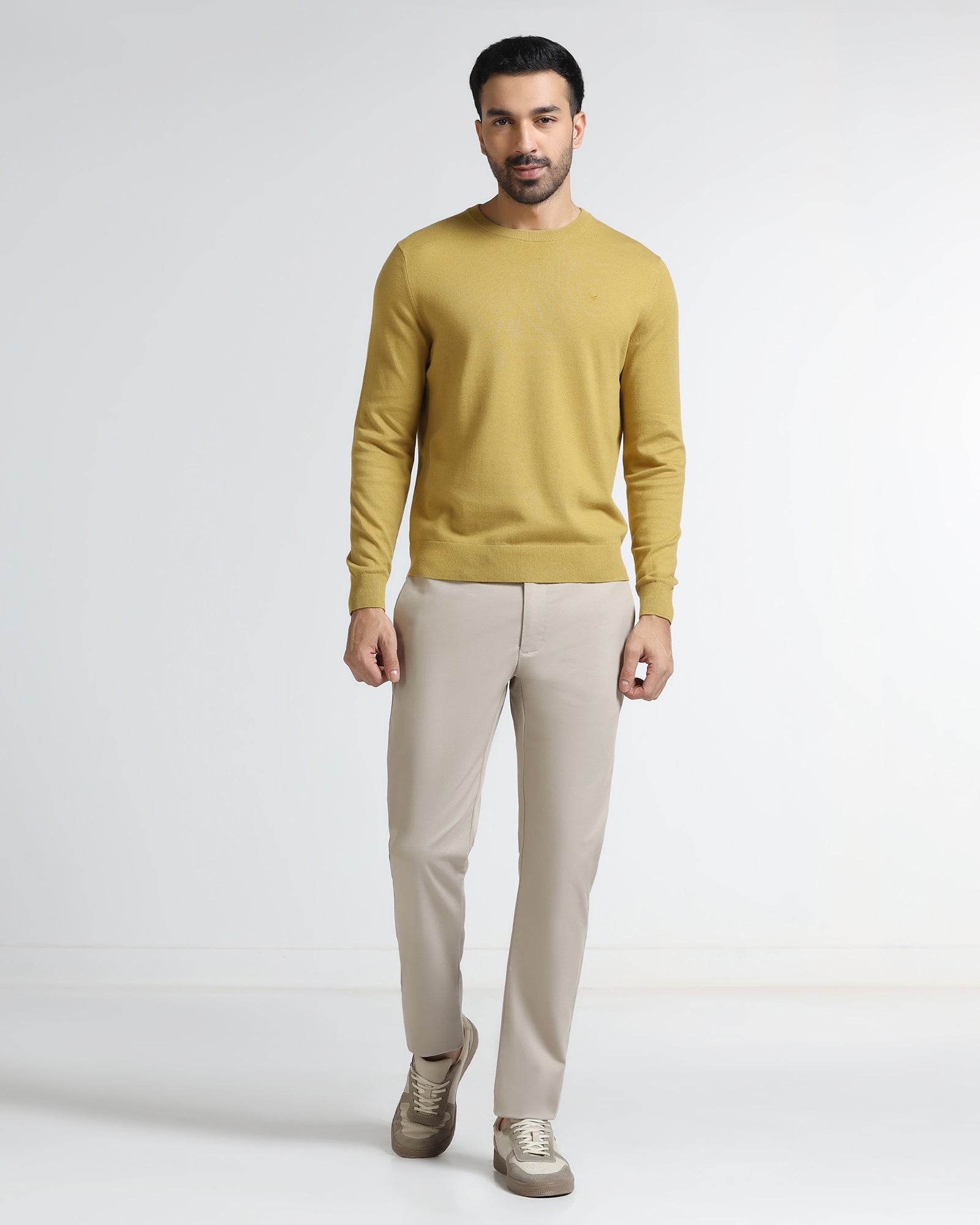 Ochre Yellow Crew Neck Solid Sweater - Mario