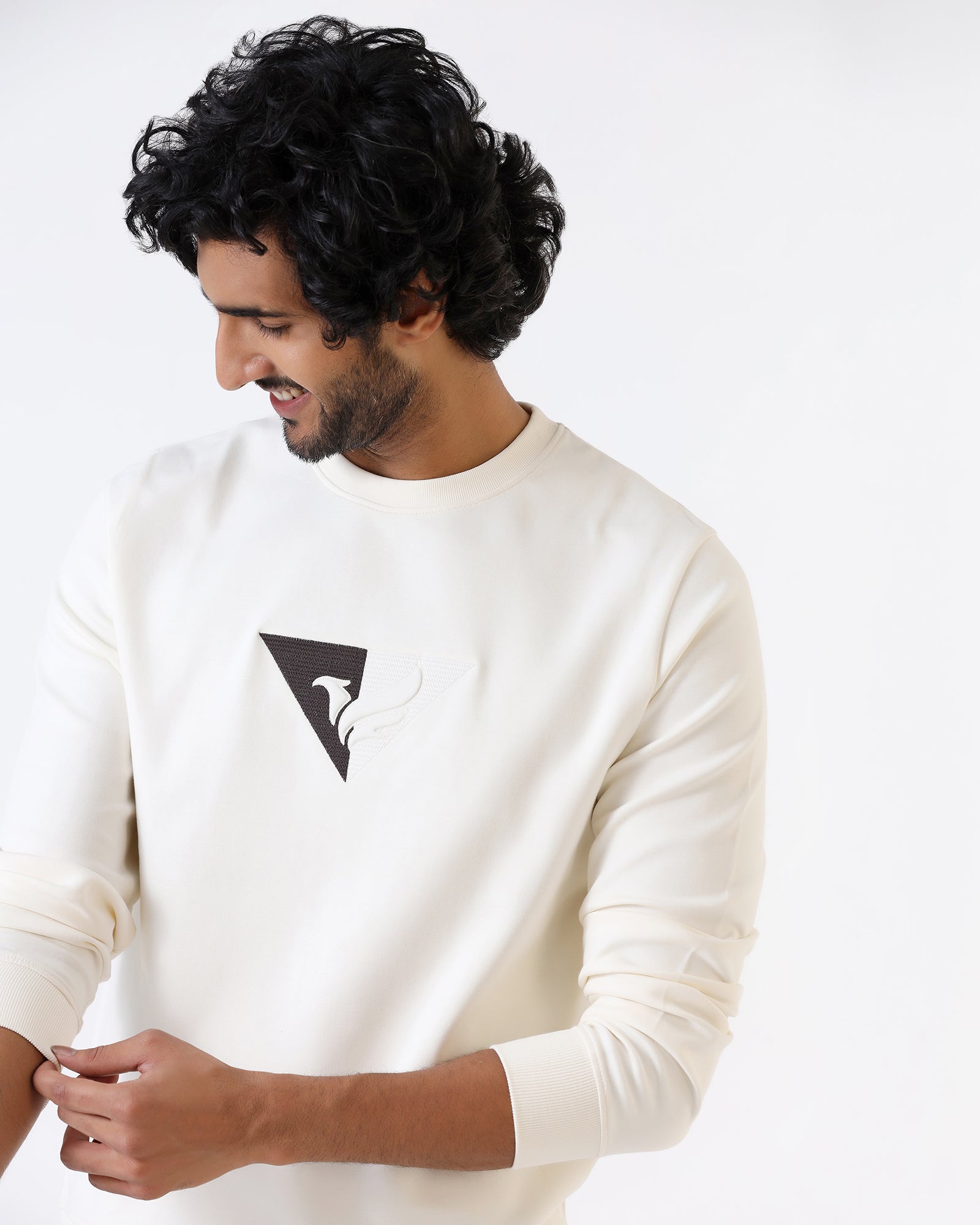 Off White Crew Neck Solid Sweatshirt - Bling