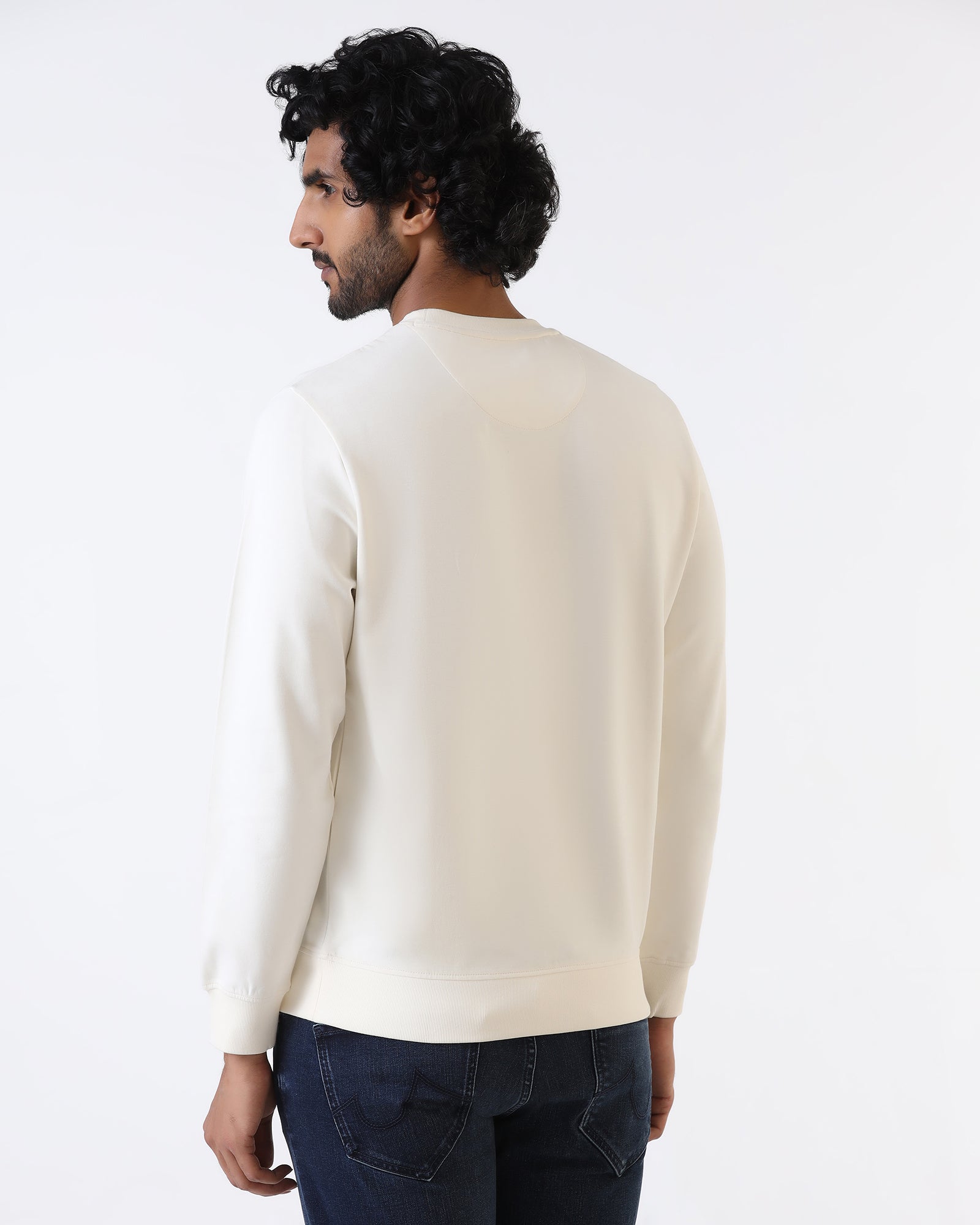 Off White Crew Neck Solid Sweatshirt - Bling