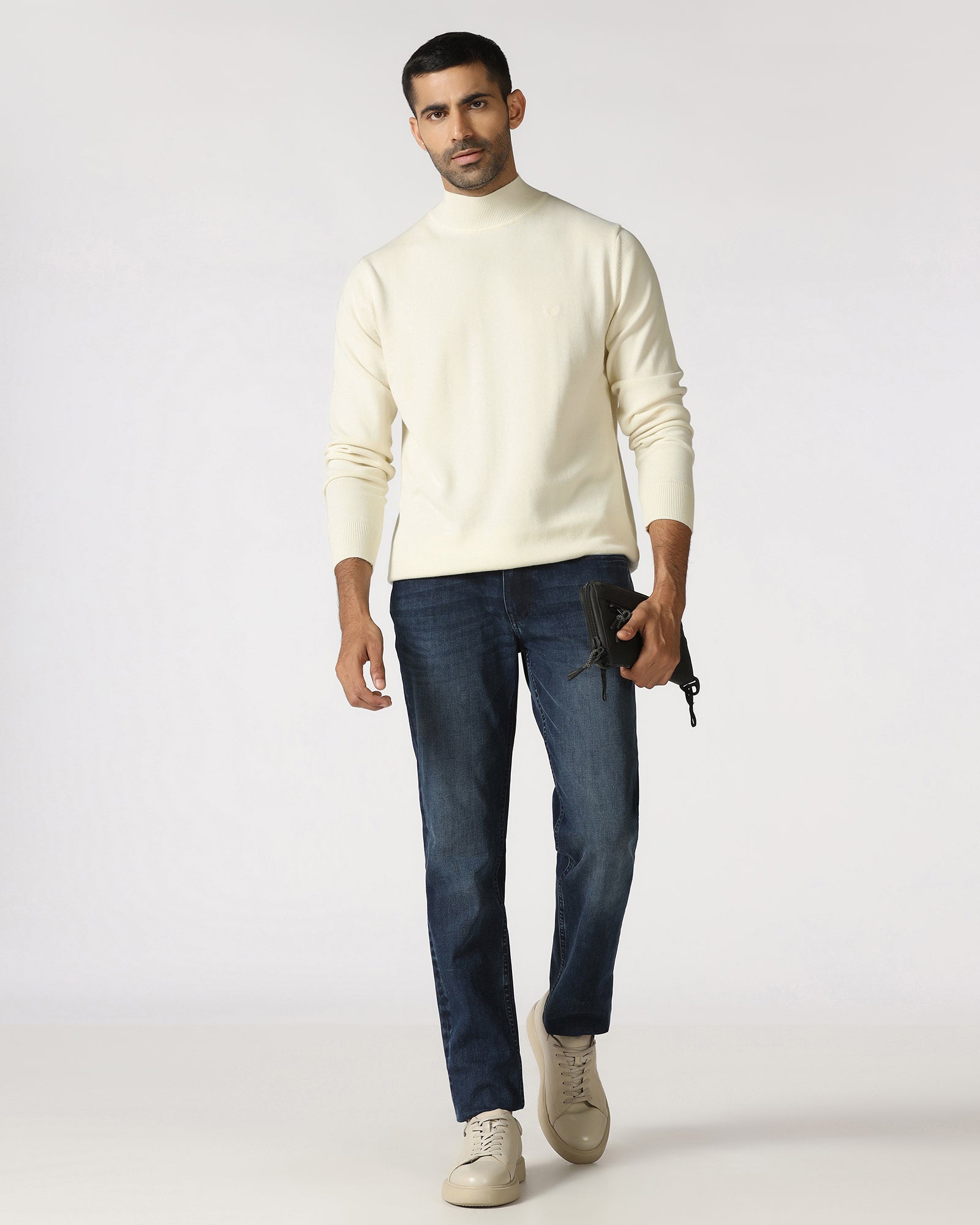 Off White High Neck Solid Sweatshirt - Papa