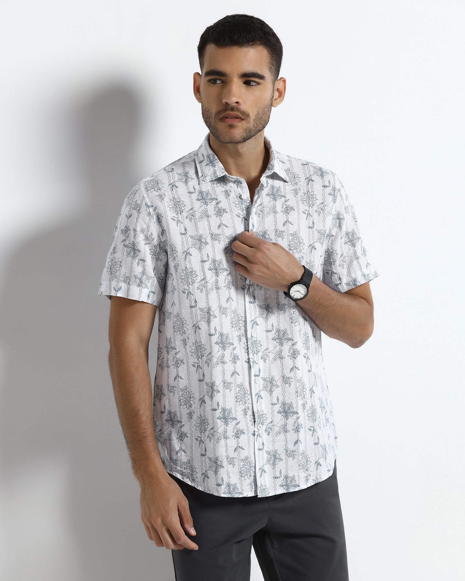 Off White Half Sleeve Linen Printed Shirt - Alvino