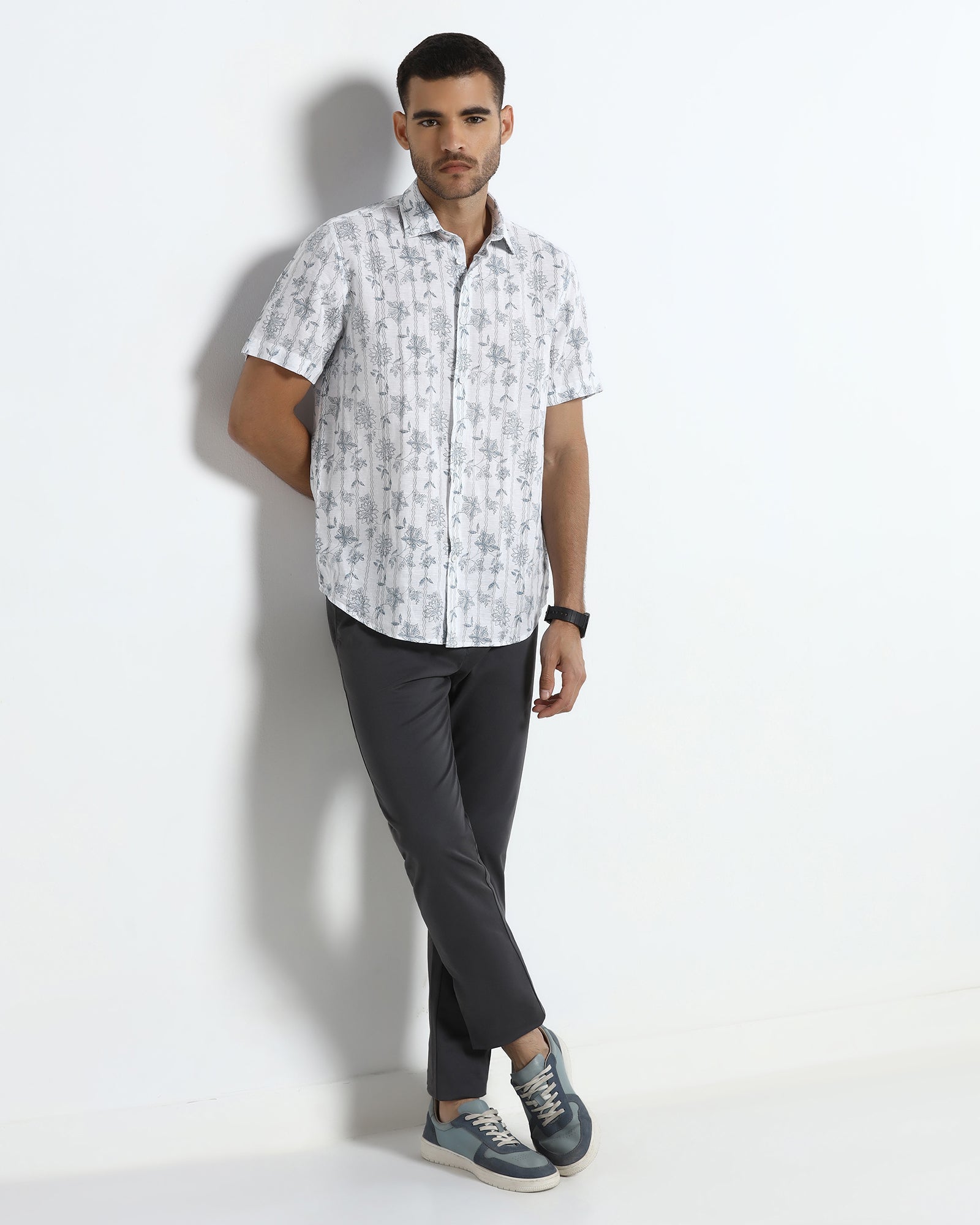 Off White Half Sleeve Linen Printed Shirt - Alvino