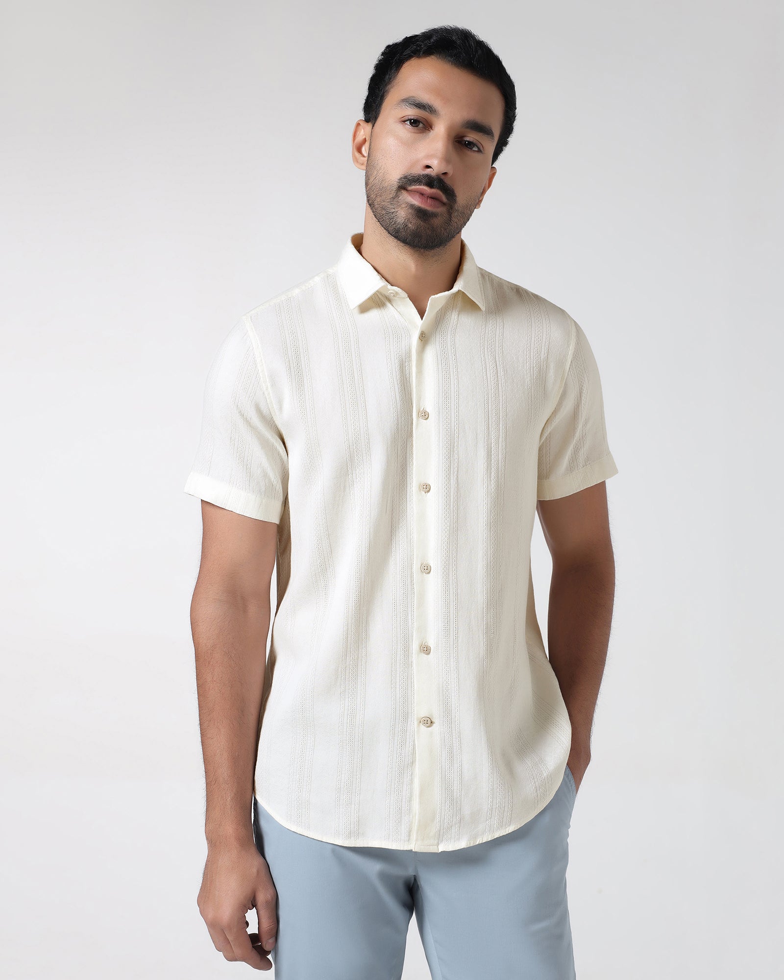 Off White Half Sleeve Textured Shirt - Lambo