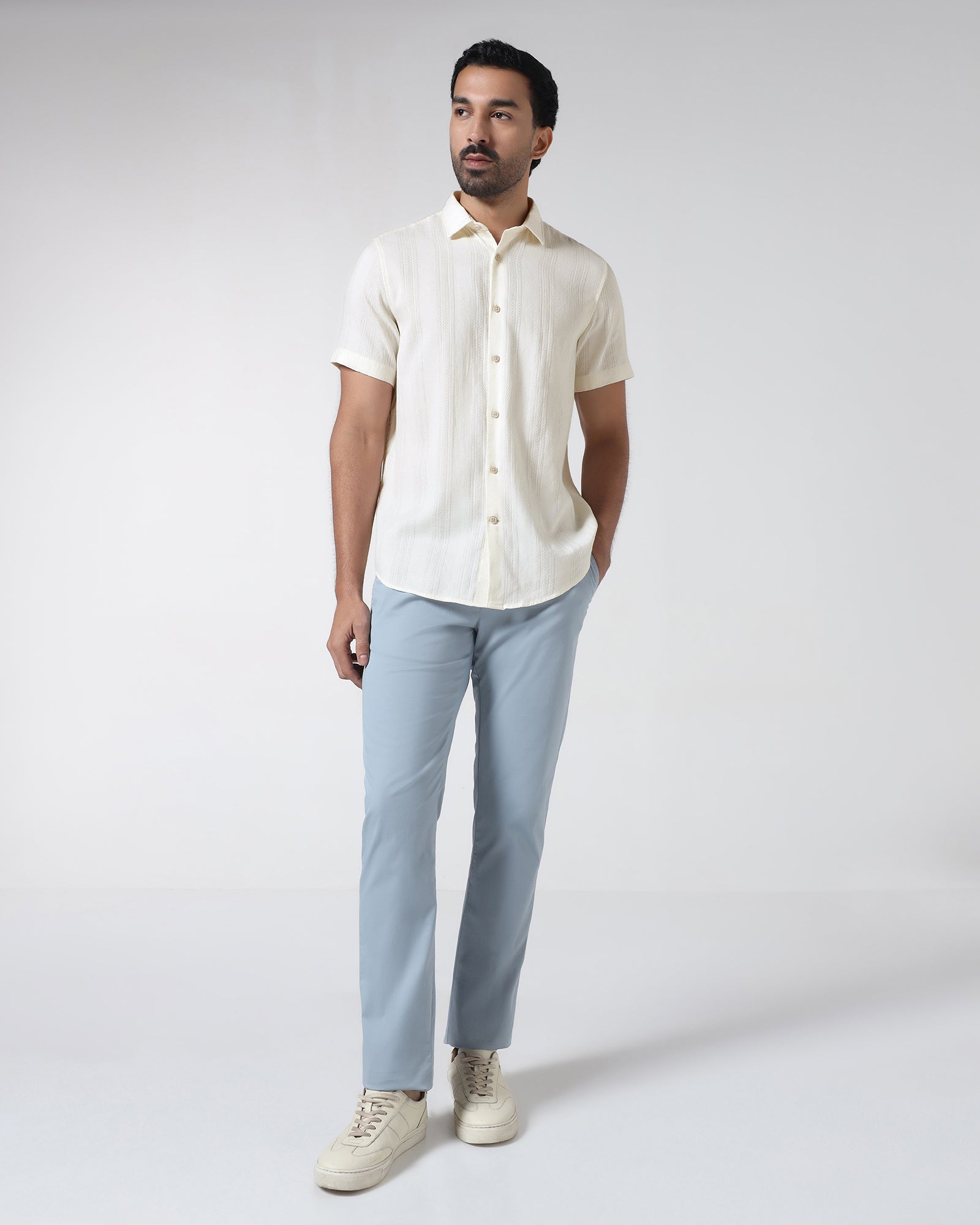 Off White Half Sleeve Textured Shirt - Lambo