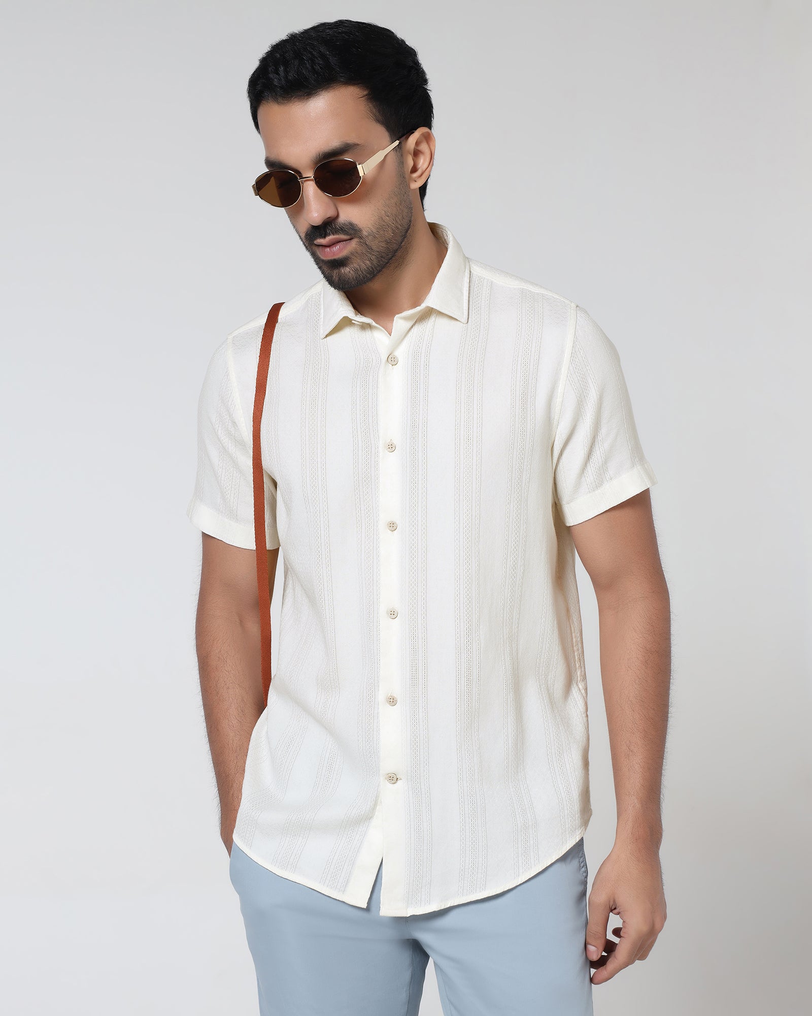 Off White Half Sleeve Textured Shirt - Lambo