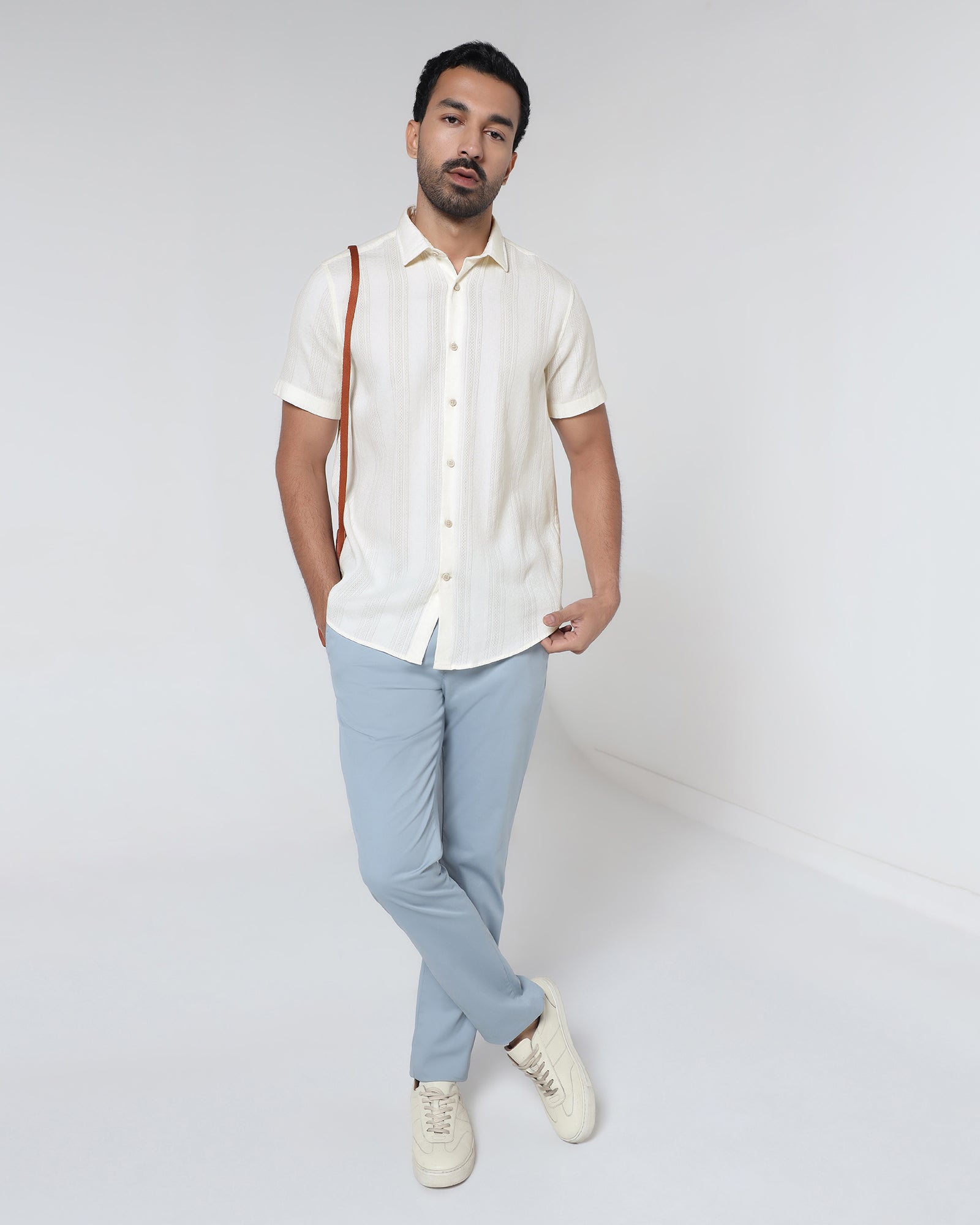 Off White Half Sleeve Textured Shirt - Lambo