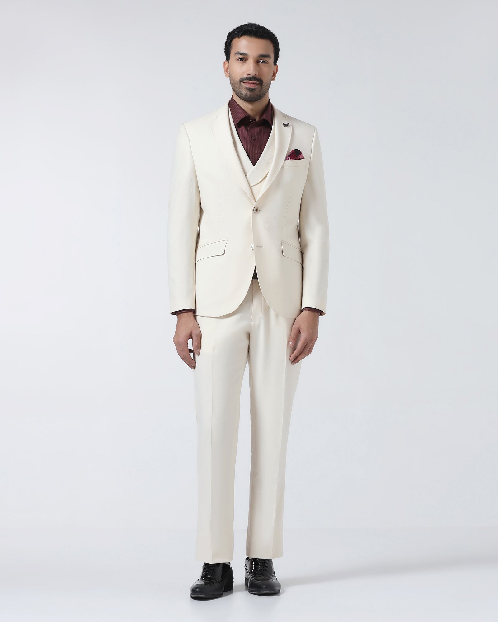 Off White Three Piece Textured Suit - Jiddle