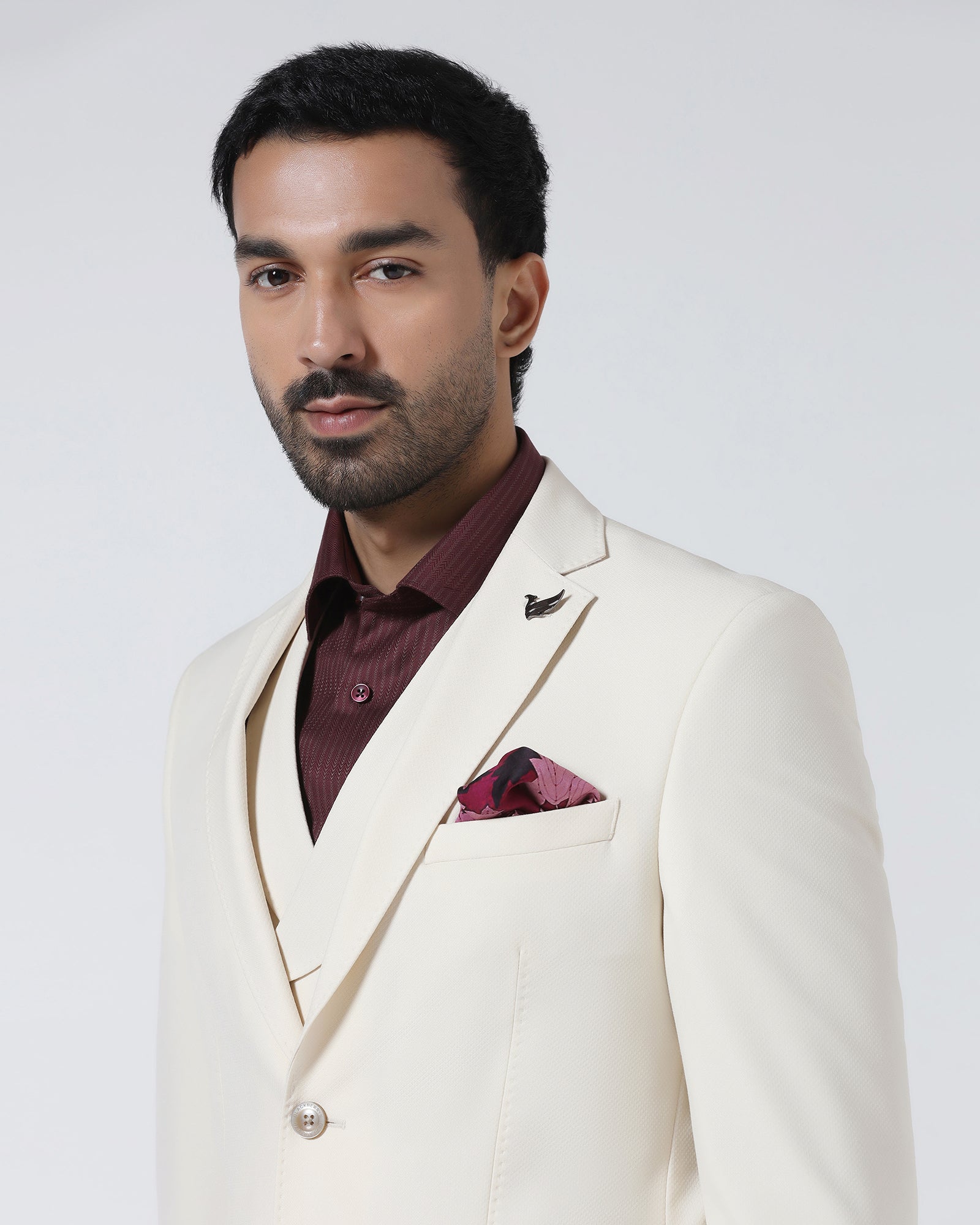 Off White Three Piece Textured Suit - Jiddle