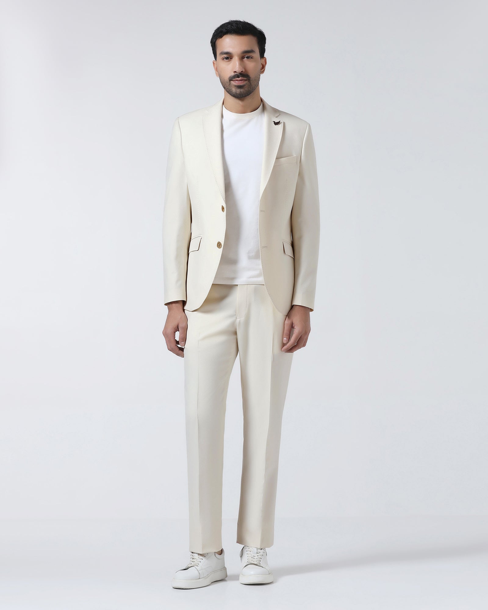 Off White Three Piece Textured Suit - Jiddle