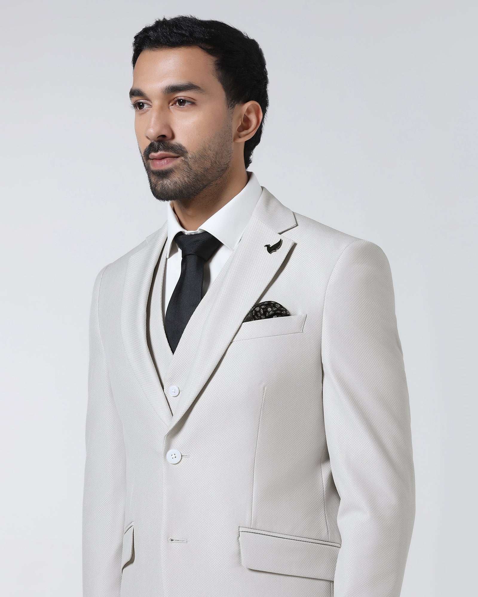 Off White Three Piece Textured Suit - Zeny