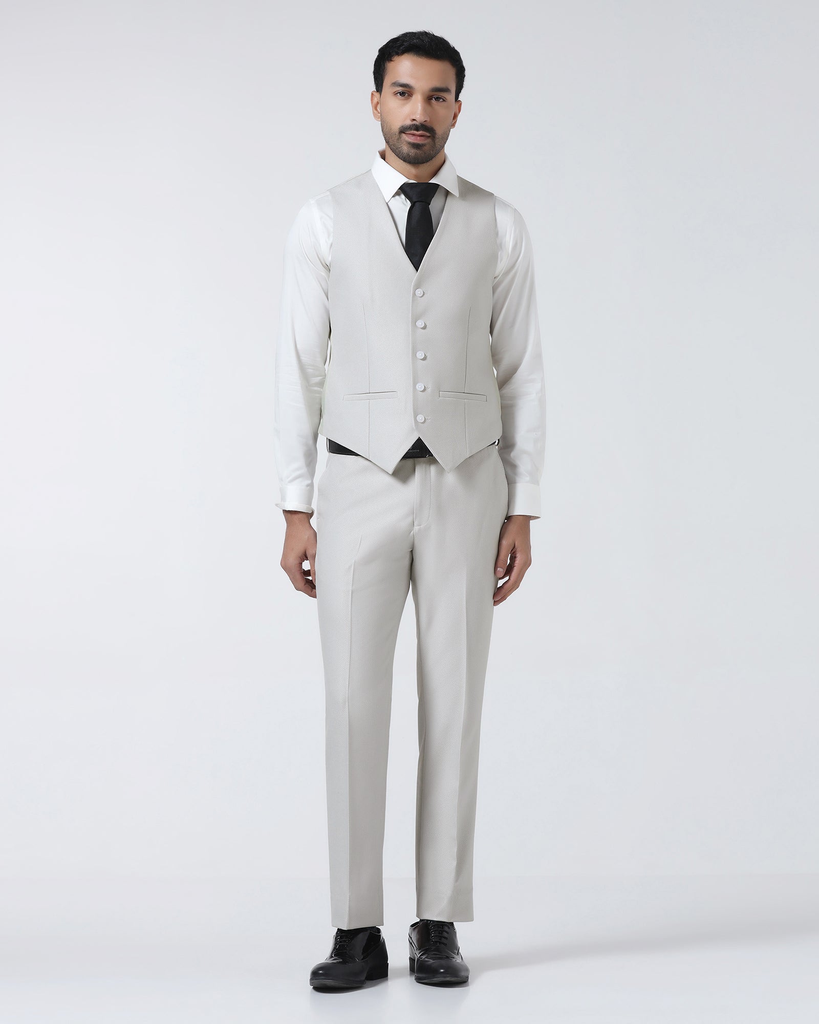 Off White Three Piece Textured Suit - Zeny