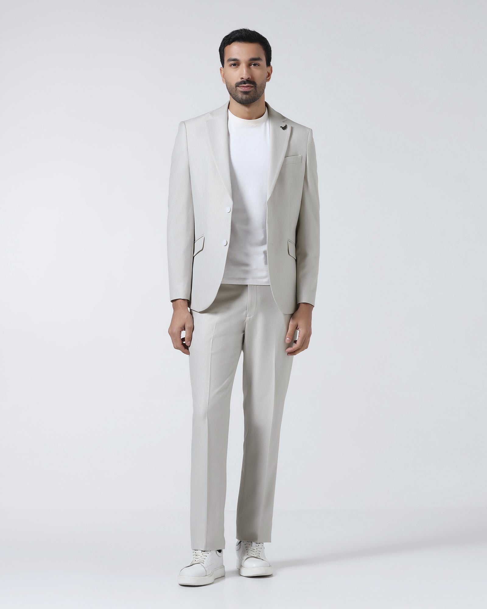 Off White Three Piece Textured Suit - Zeny