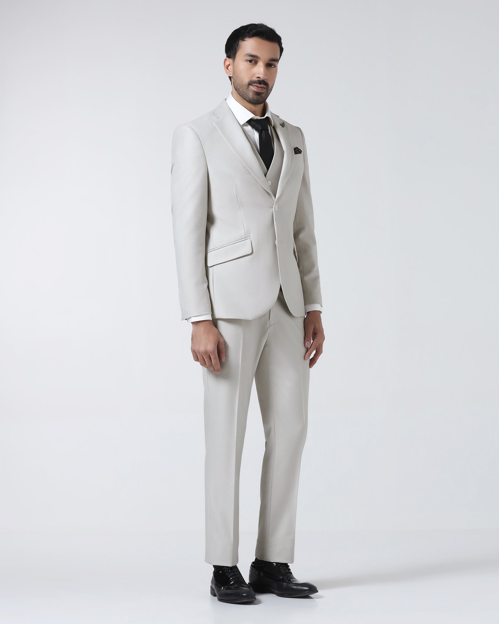 Off White Three Piece Textured Suit - Zeny