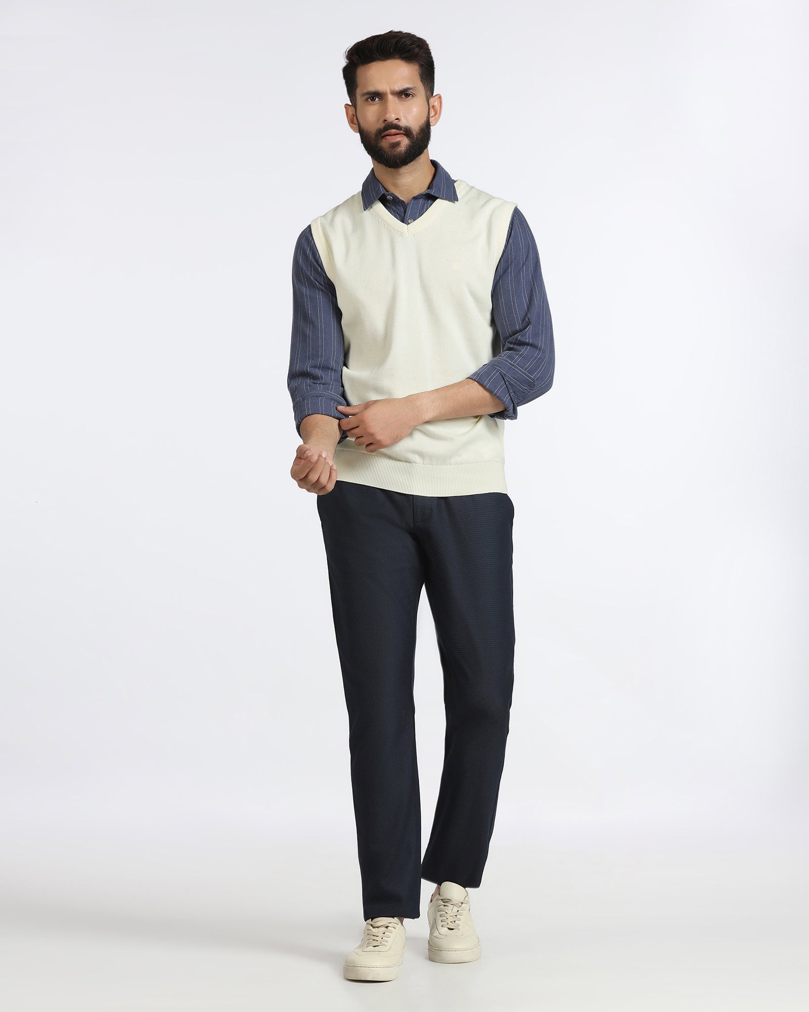 Off White V-Neck Solid Sweatshirt - Less