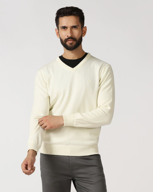 Off White V-Neck Solid Sweater - Vneckter