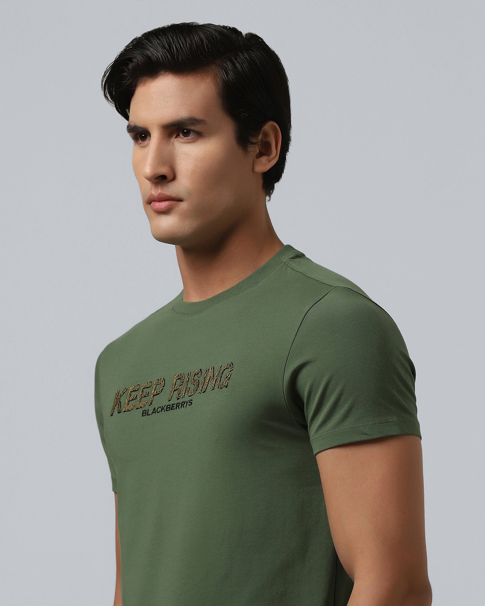 Olive Green Crew Neck Solid T-Shirt - Rising