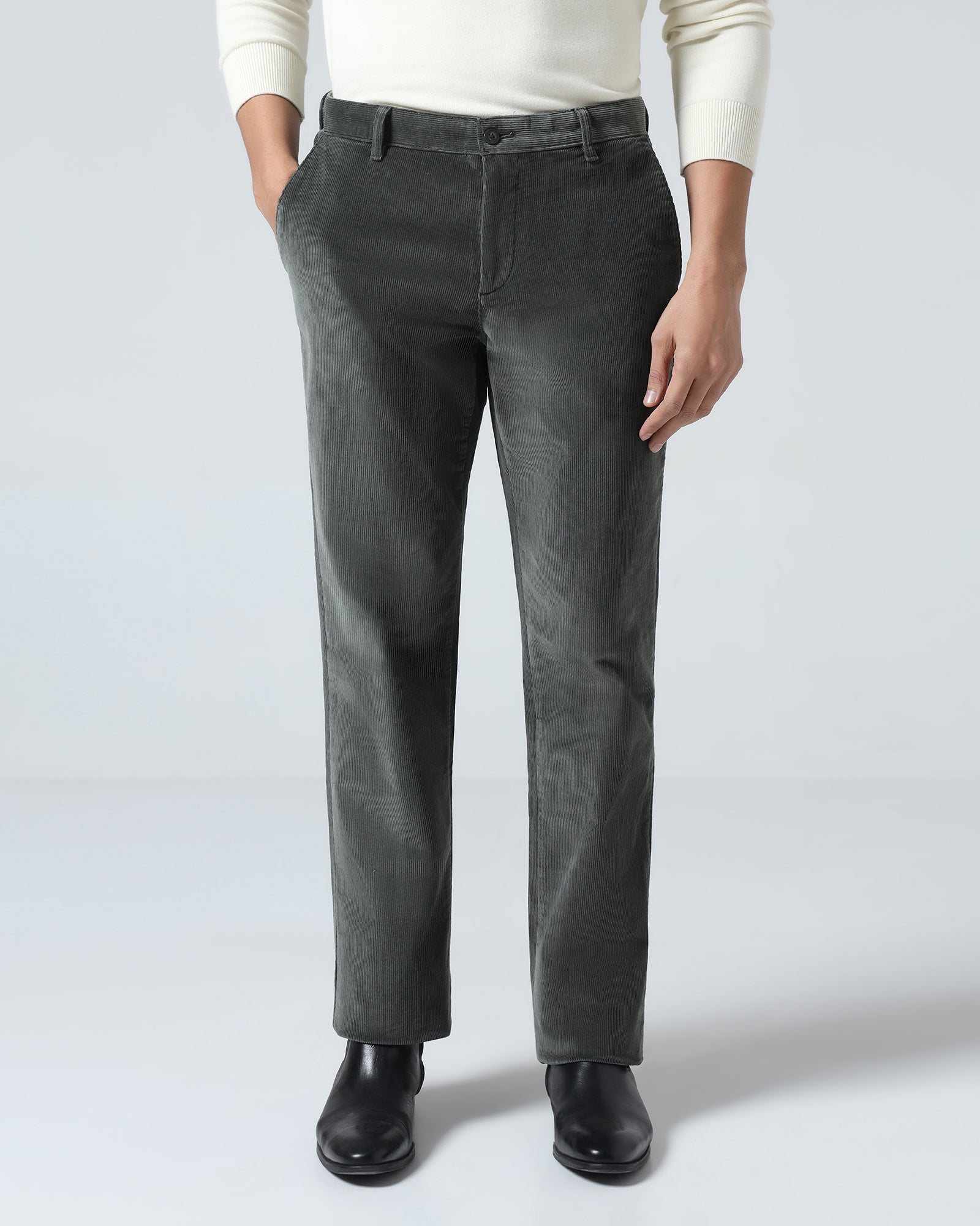 Olive Corduroy Solid Khakis - Magne