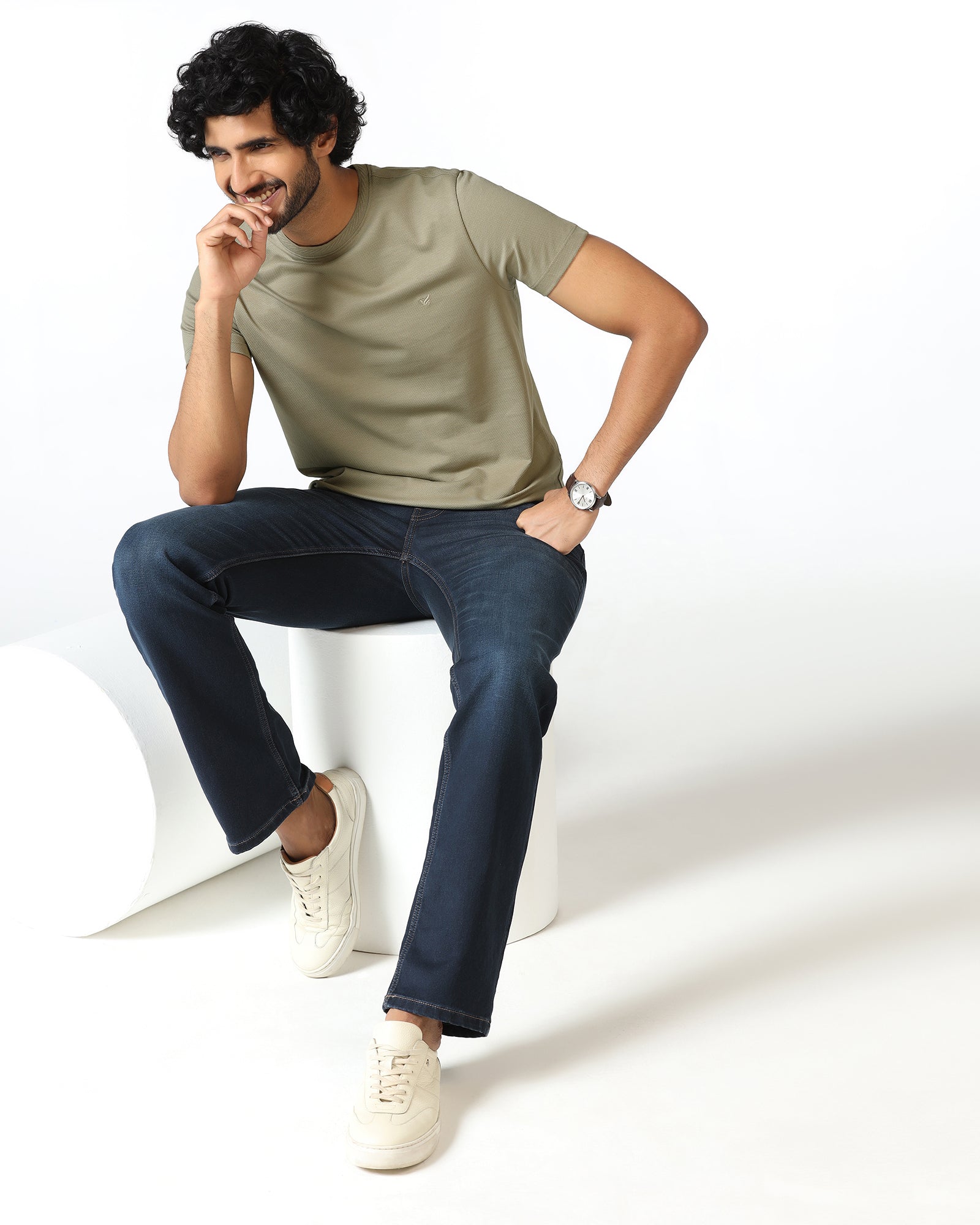 Olive Crew Neck Textured T-Shirt - Hexa