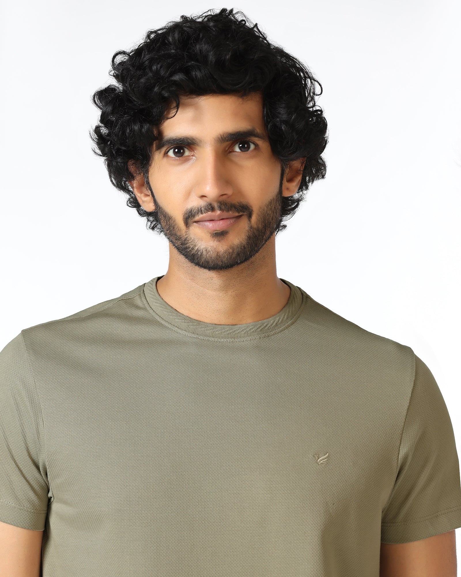 Olive Crew Neck Textured T-Shirt - Hexa