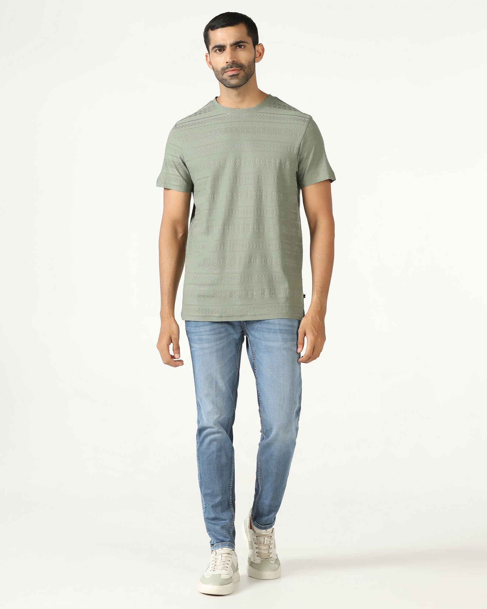 Olive Crew Neck Textured T-Shirt - Lep