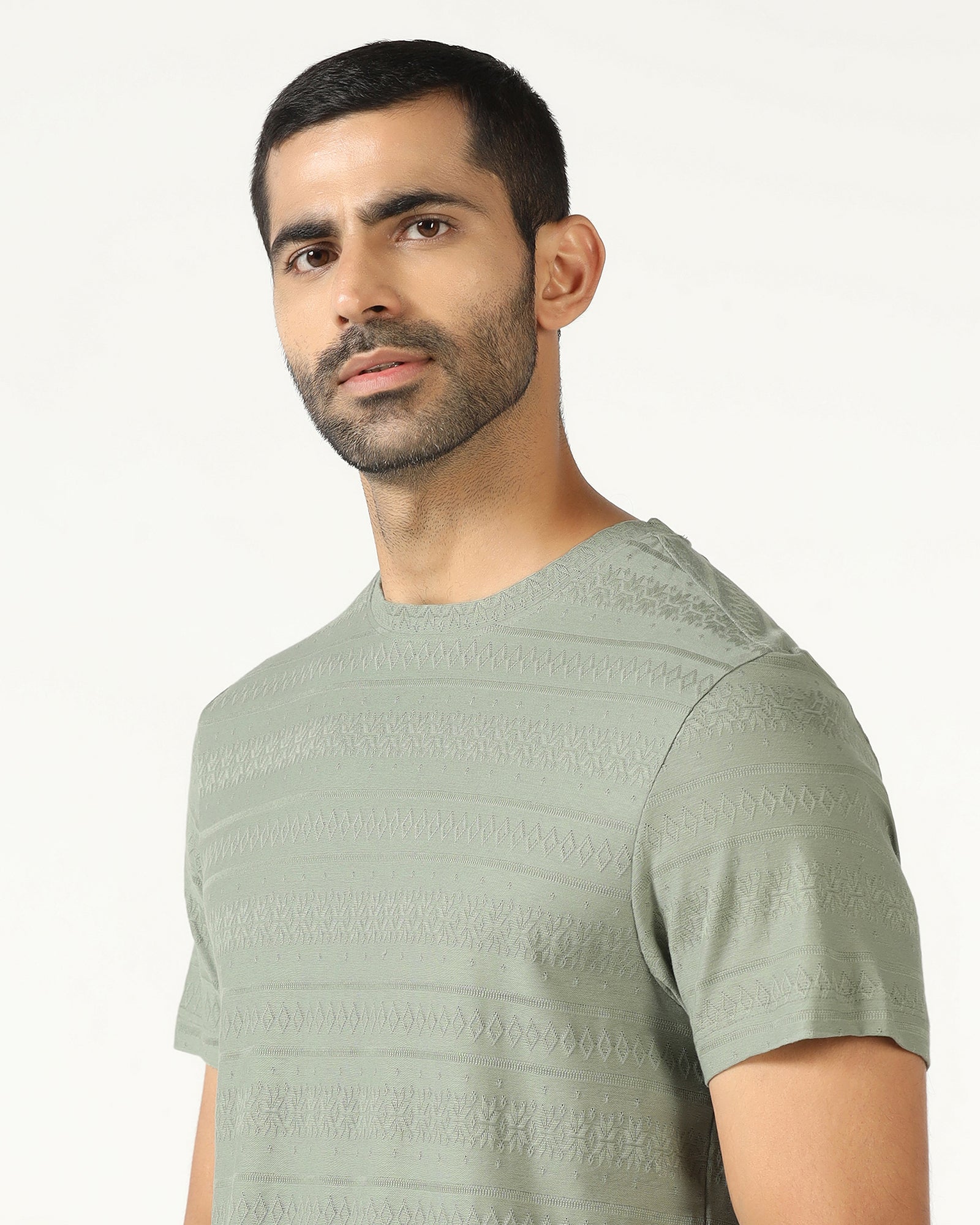 Olive Crew Neck Textured T-Shirt - Lep