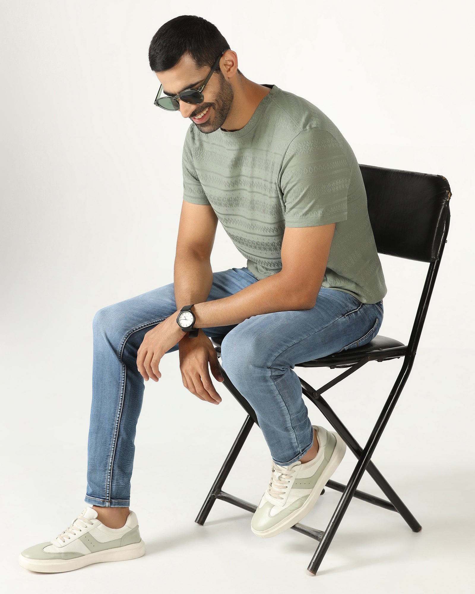 Olive Crew Neck Textured T-Shirt - Lep