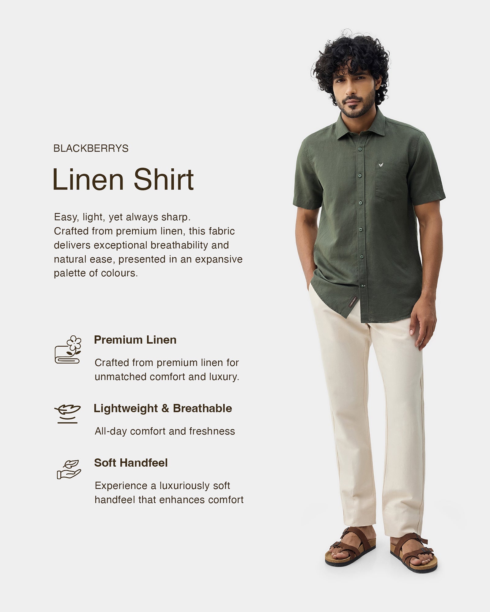 Olive Half Sleeve Linen Solid Shirt - Cleo