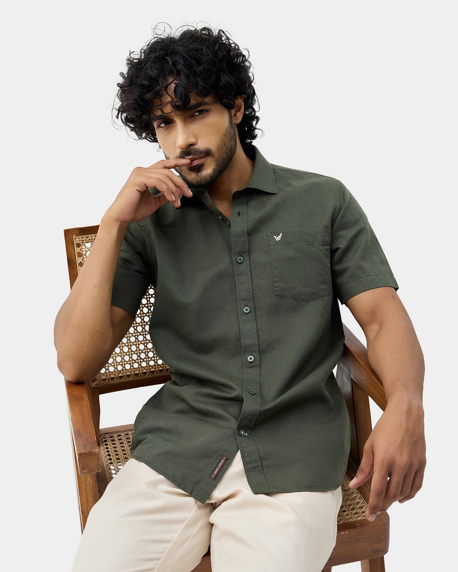 Olive Half Sleeve Linen Solid Shirt - Cleo