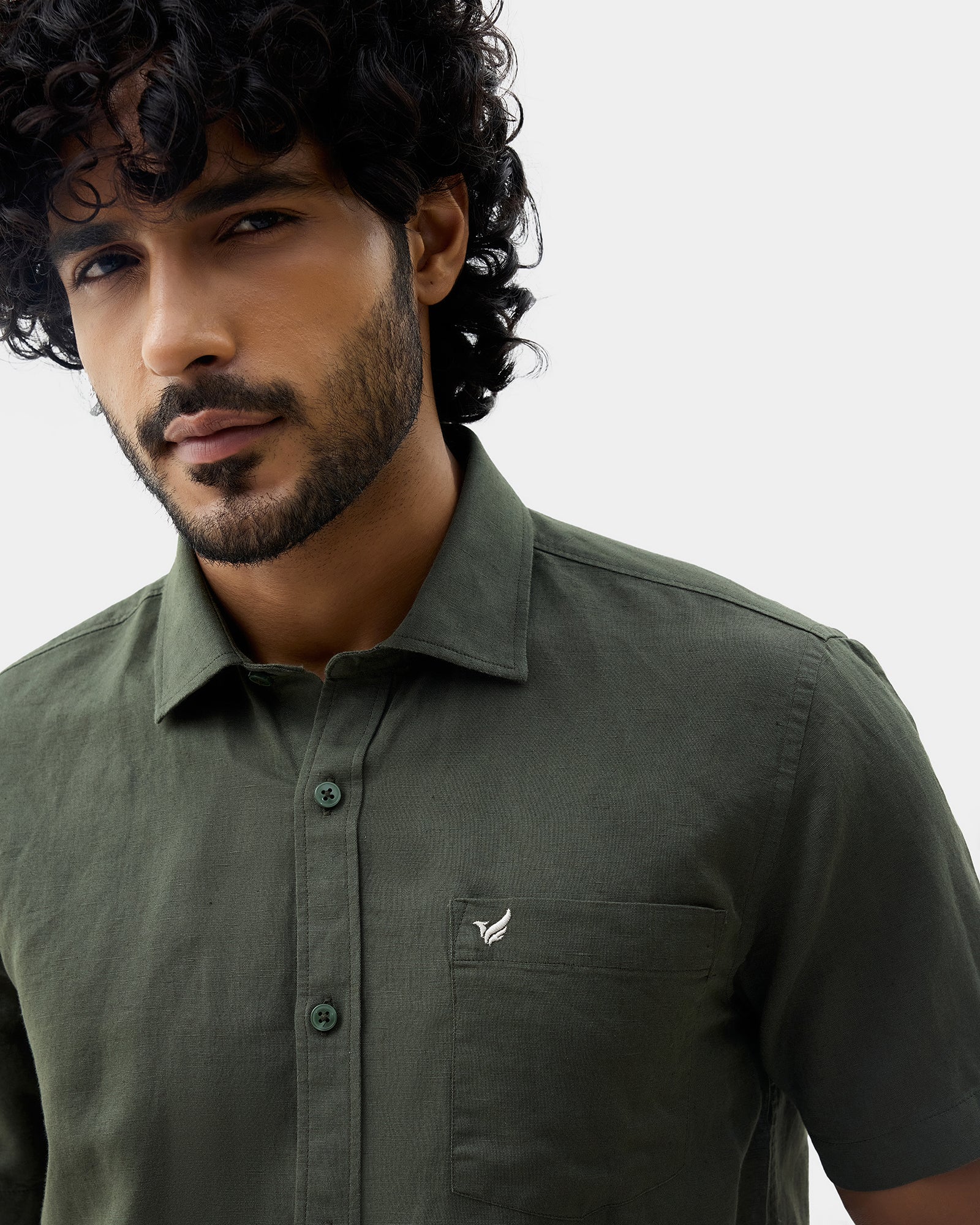 Olive Half Sleeve Linen Solid Shirt - Cleo