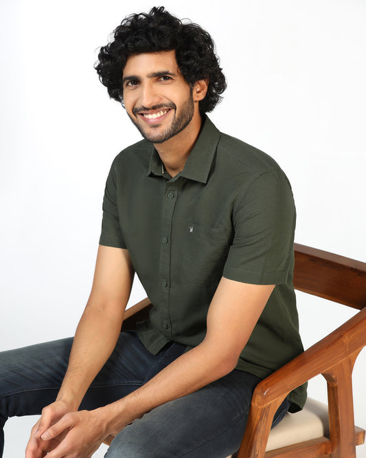 Olive Half Sleeve Linen Solid Shirt - Salmon