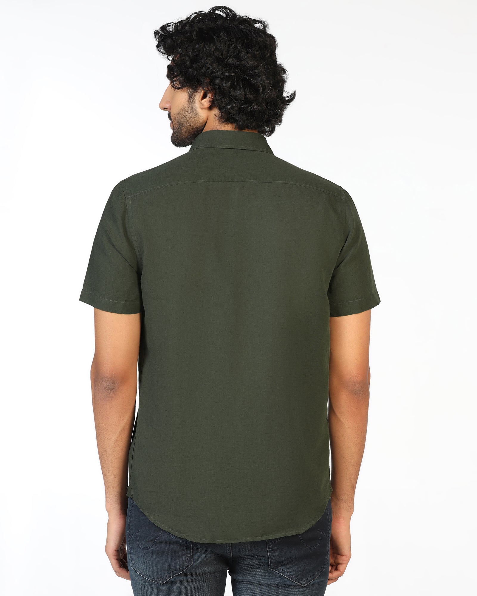 Olive Half Sleeve Linen Solid Shirt - Salmon