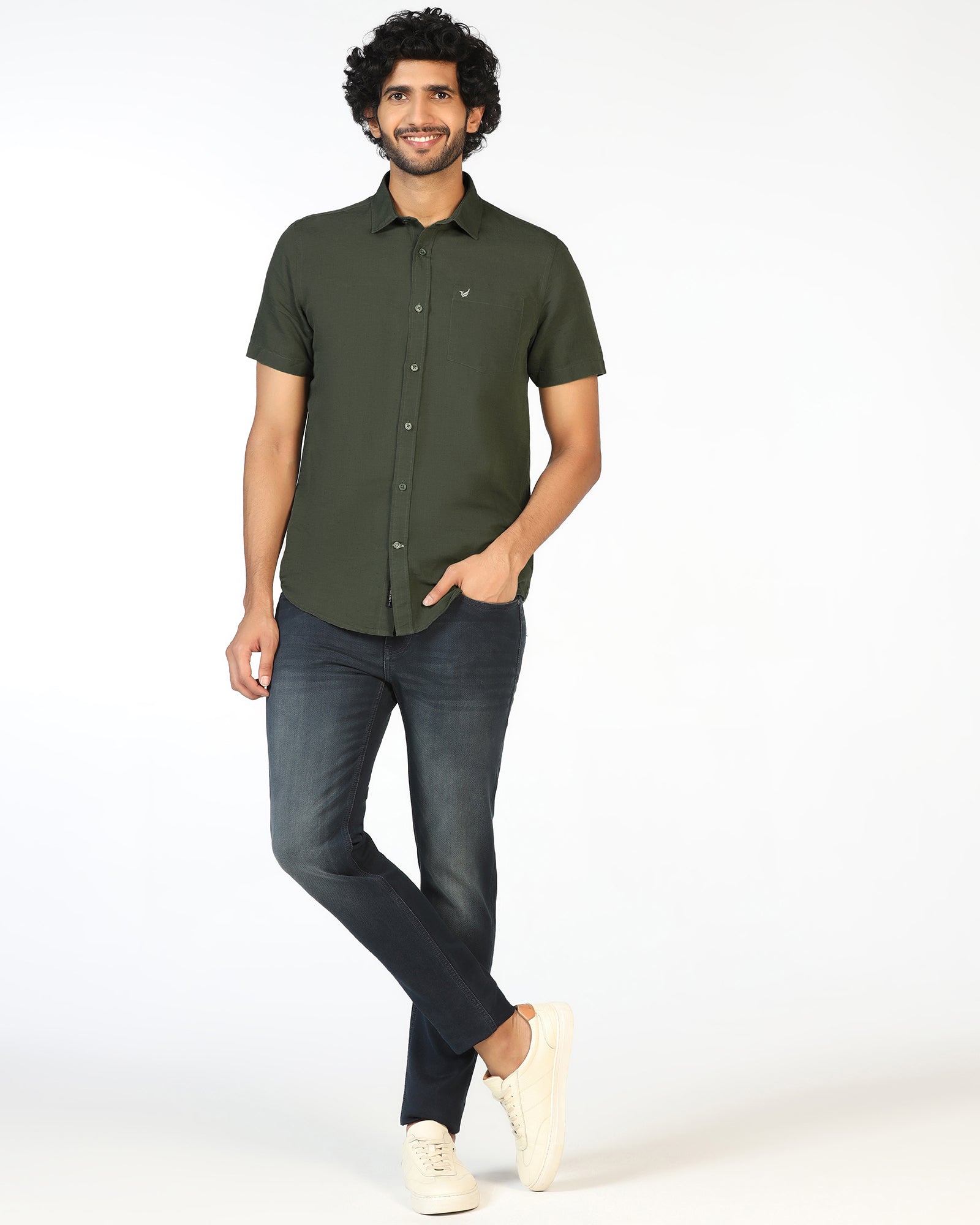 Olive Half Sleeve Linen Solid Shirt - Salmon