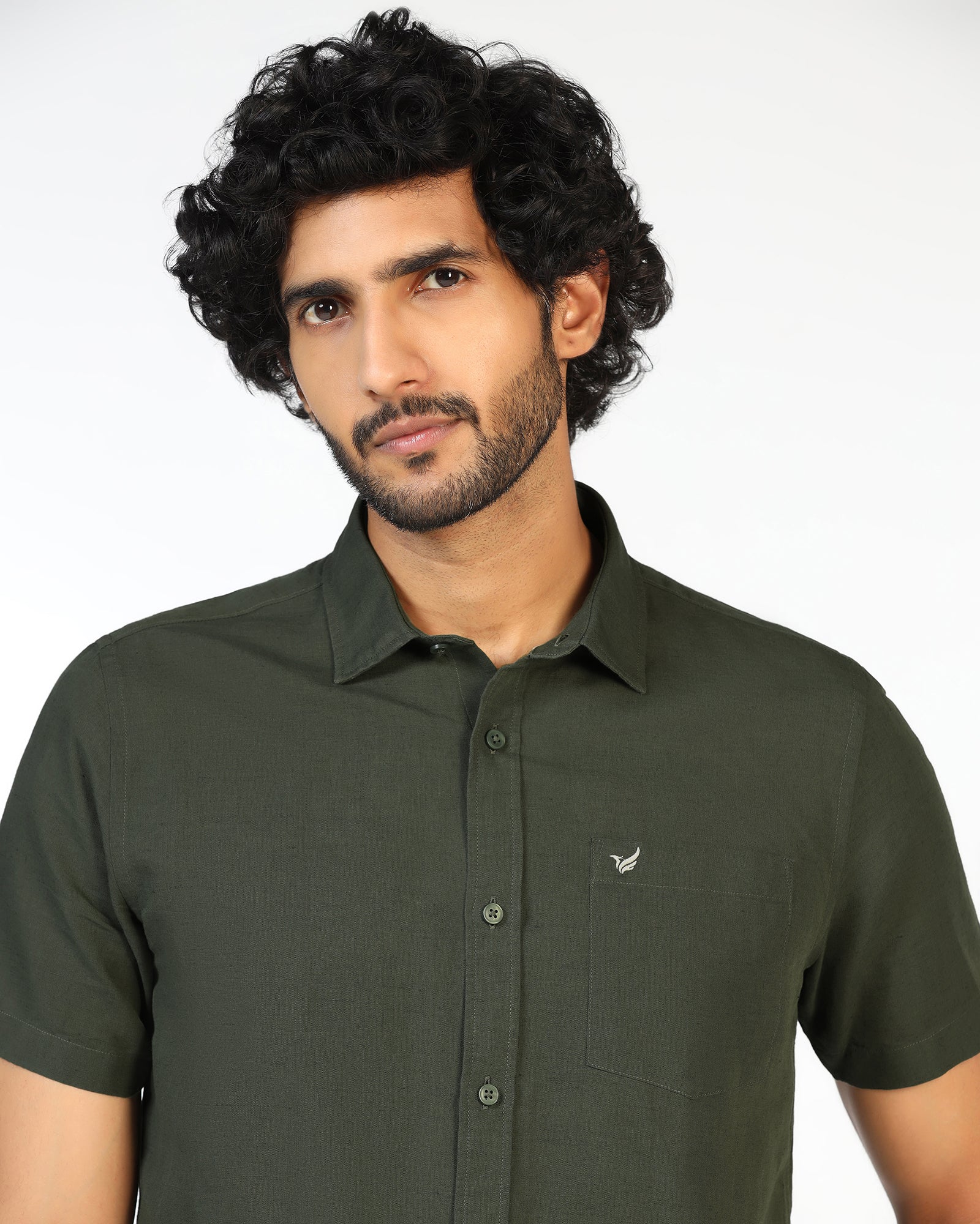 Olive Half Sleeve Linen Solid Shirt - Salmon