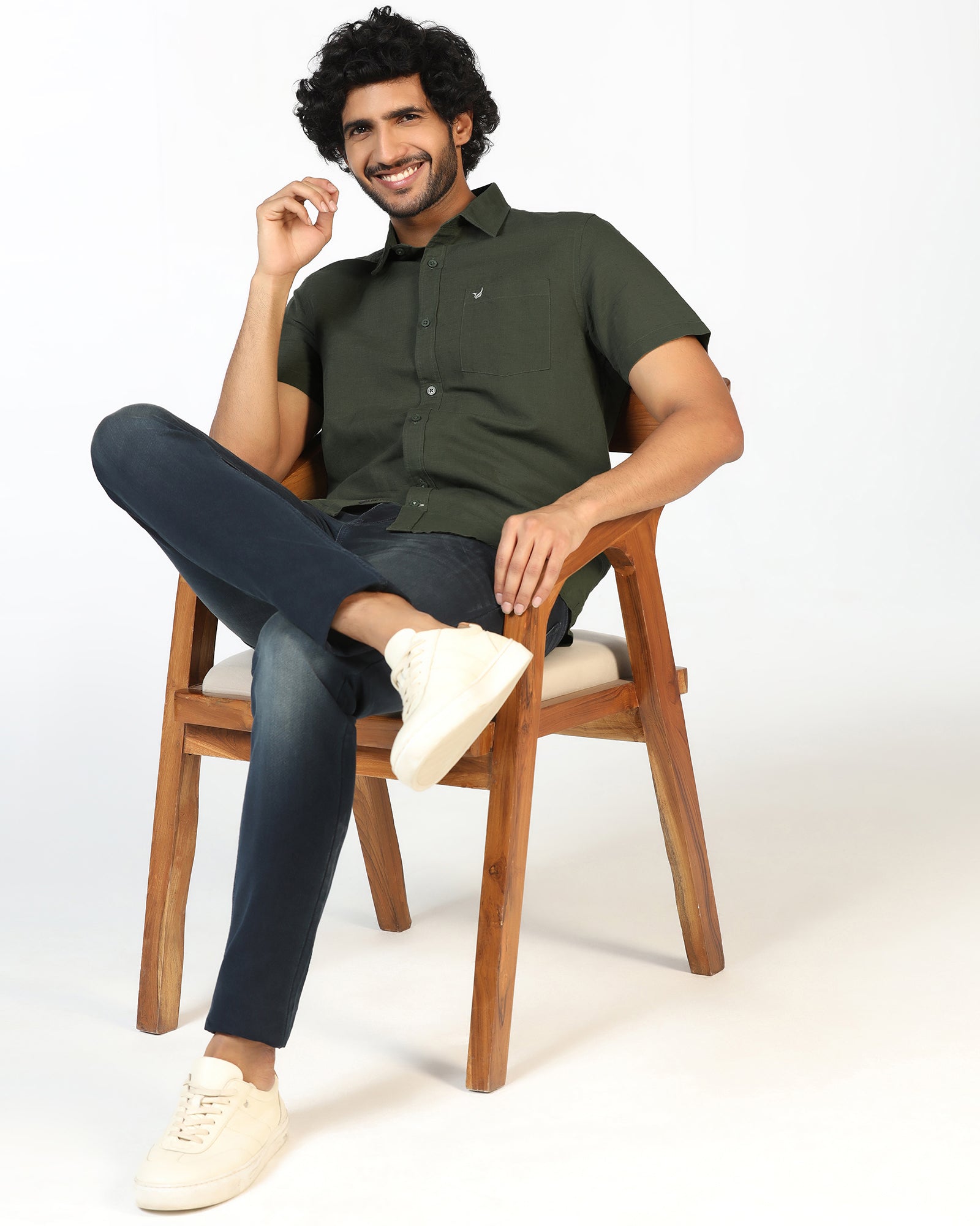 Olive Half Sleeve Linen Solid Shirt - Salmon