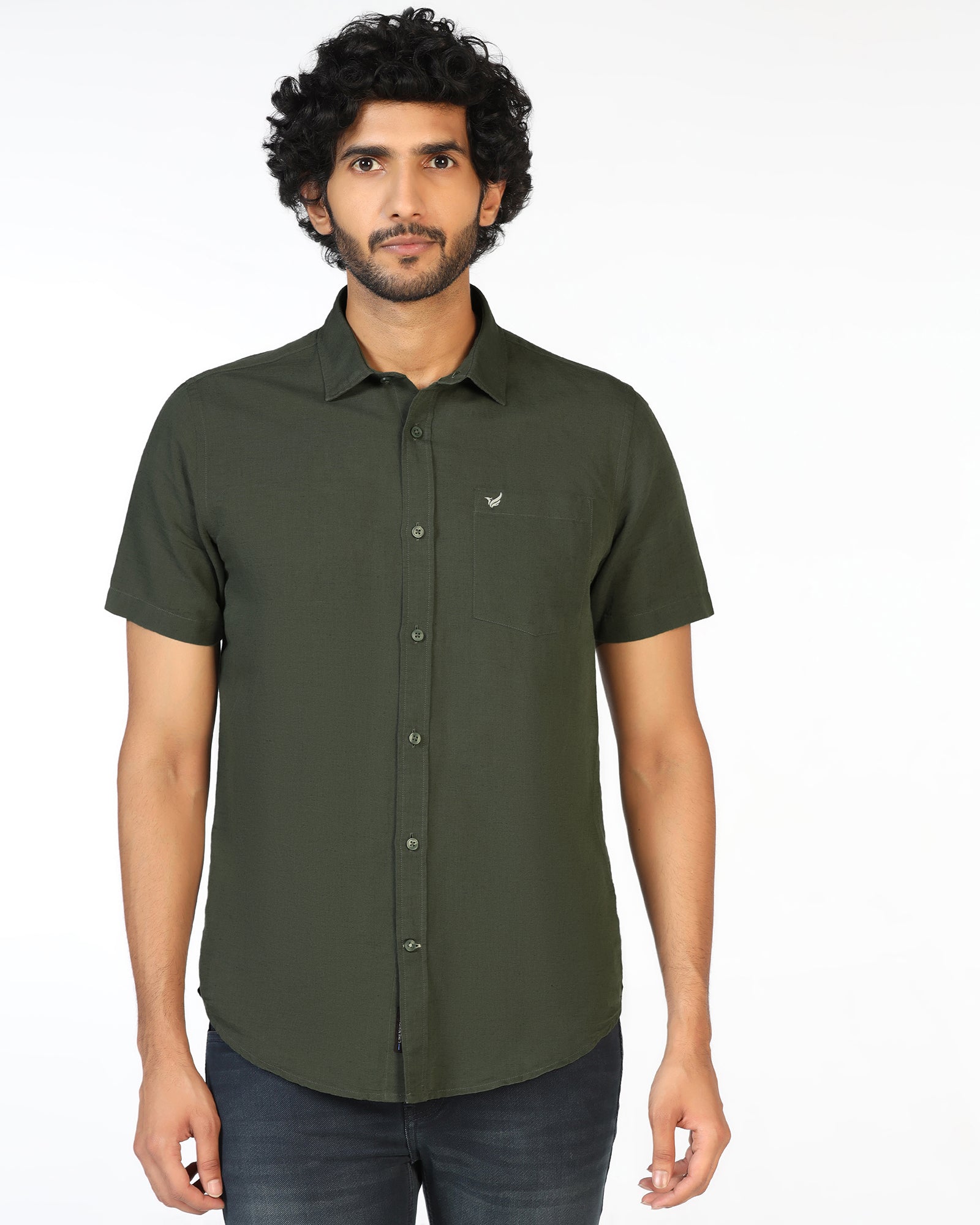 Olive Half Sleeve Linen Solid Shirt - Salmon