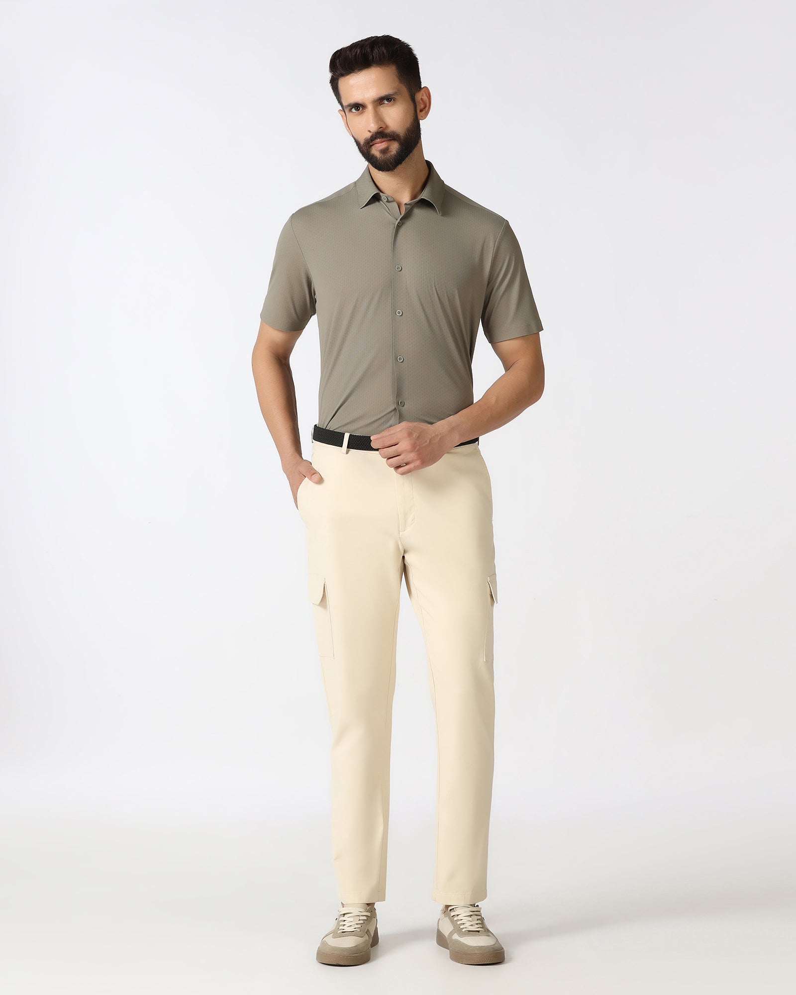 Olive Half Sleeve Techpro Textured Shirt - Hurton