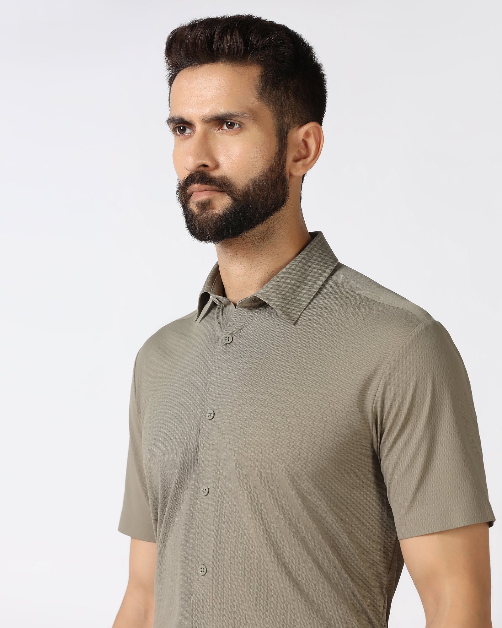 Olive Half Sleeve Techpro Textured Shirt - Hurton