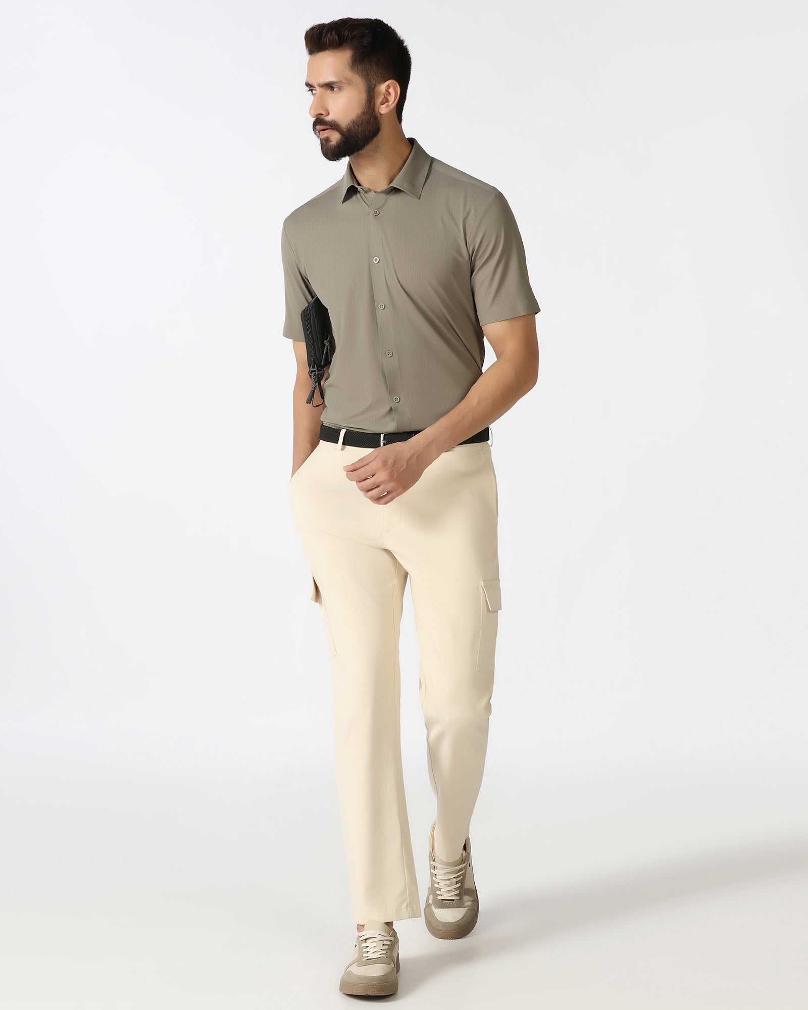 Olive Half Sleeve Techpro Textured Shirt - Hurton