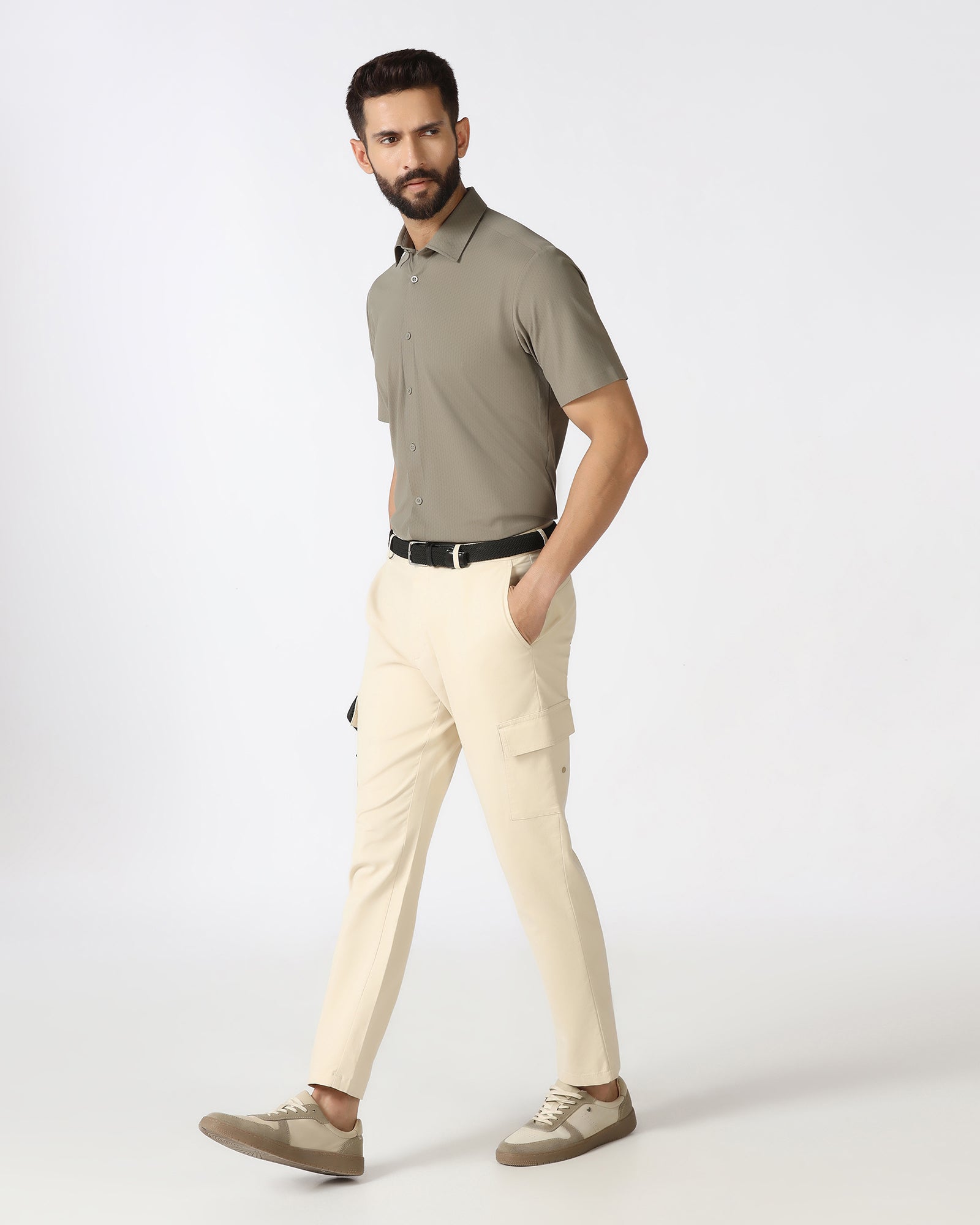 Olive Half Sleeve Techpro Textured Shirt - Hurton