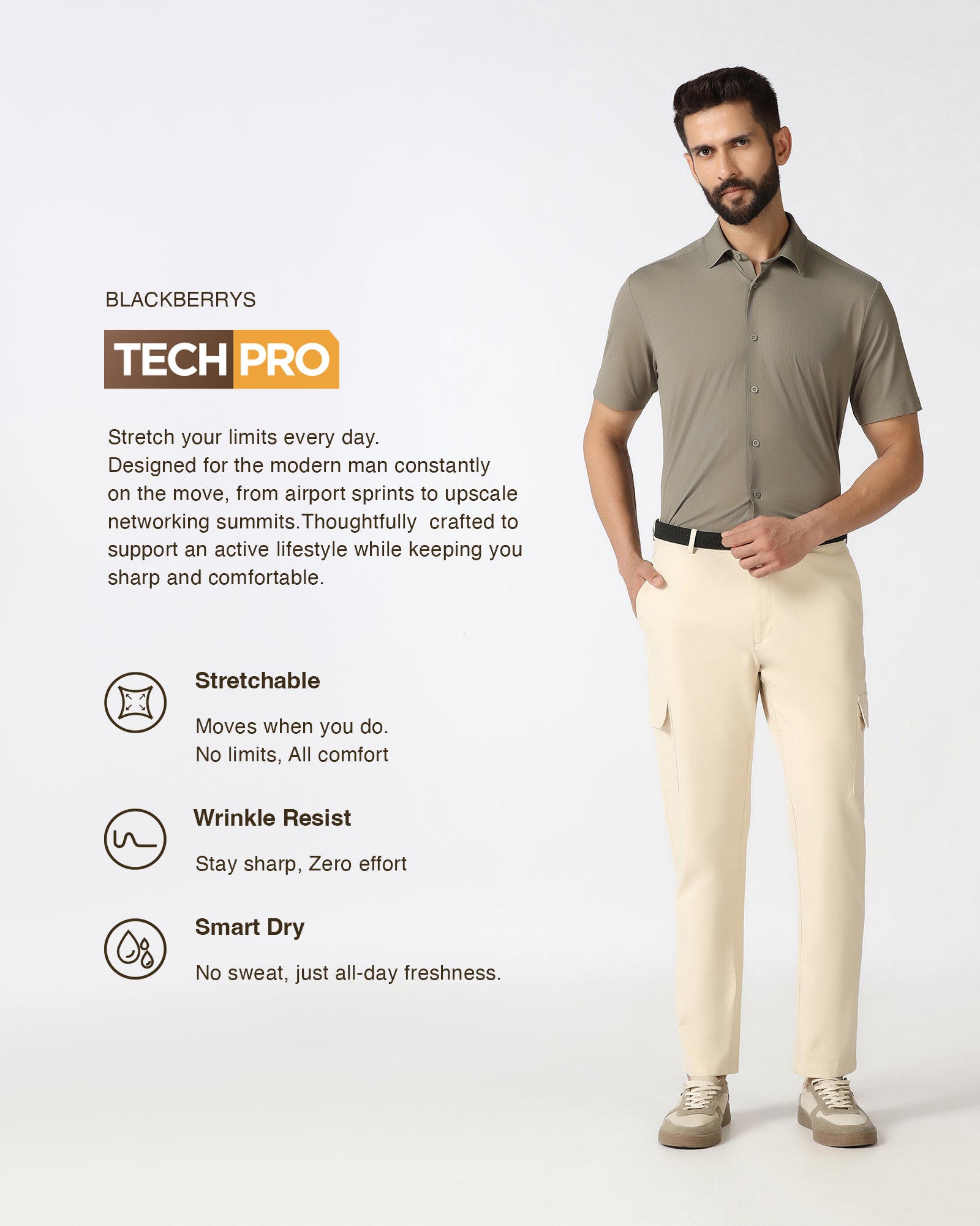 Olive Half Sleeve TechPro Textured Shirt - Hurton