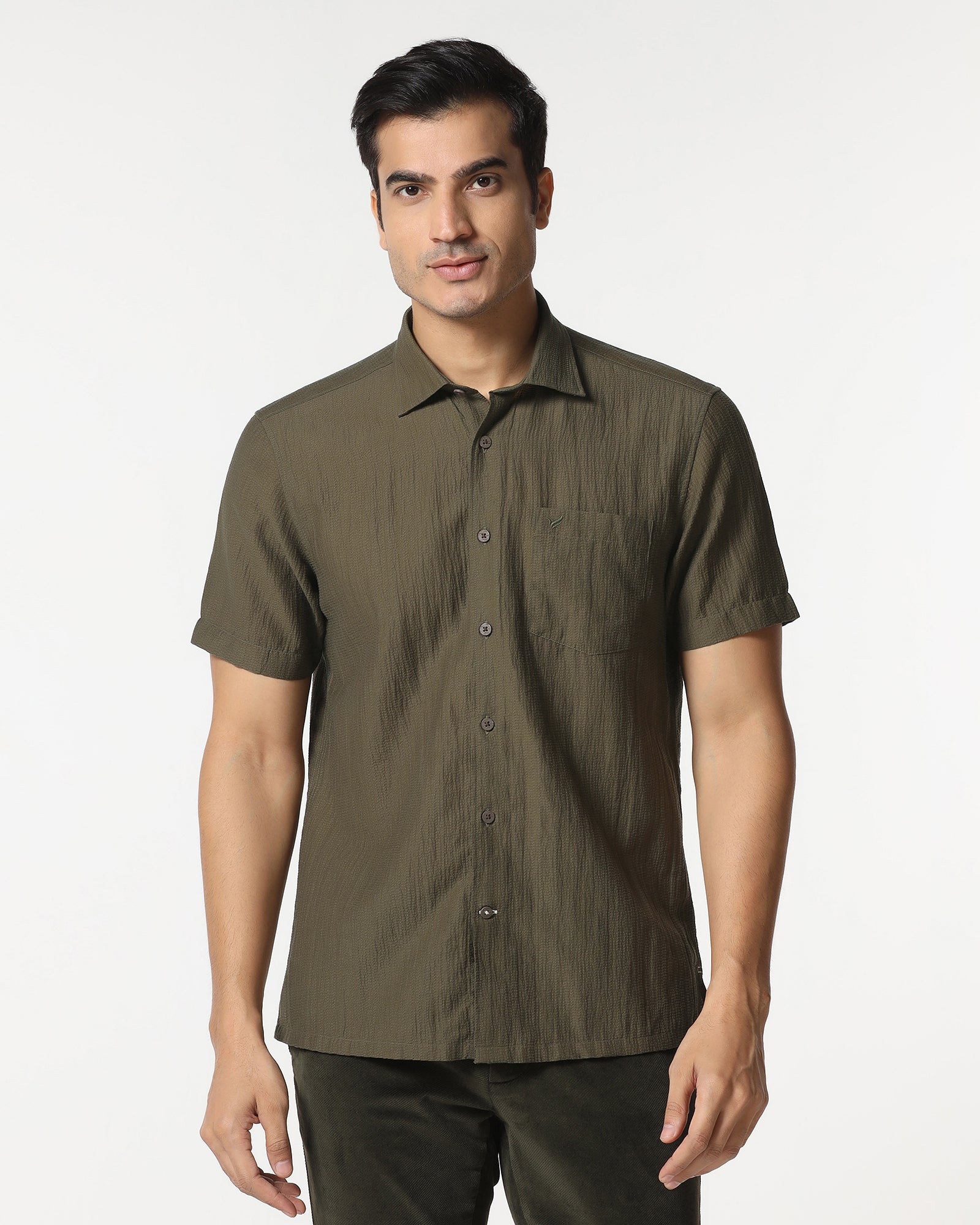 Olive Half Sleeve Textured Shirt - Cremon