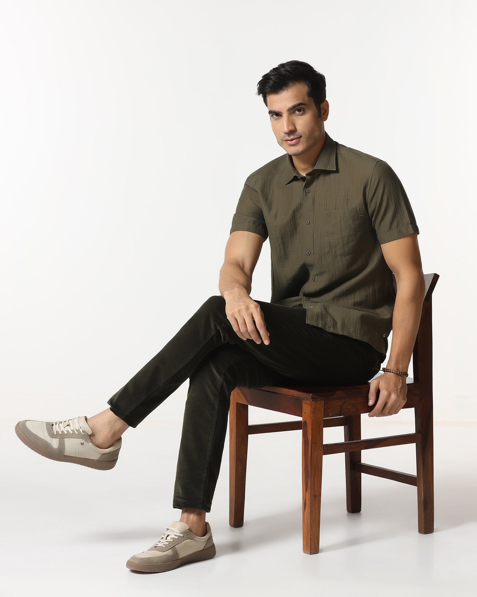 Olive Half Sleeve Textured Shirt - Cremon