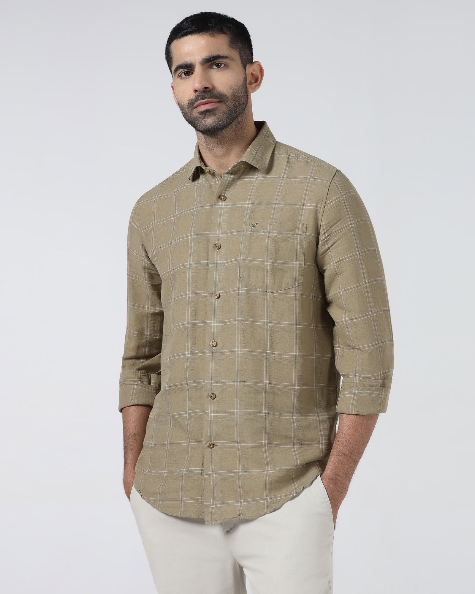 Olive Linen Check Shirt - Moben