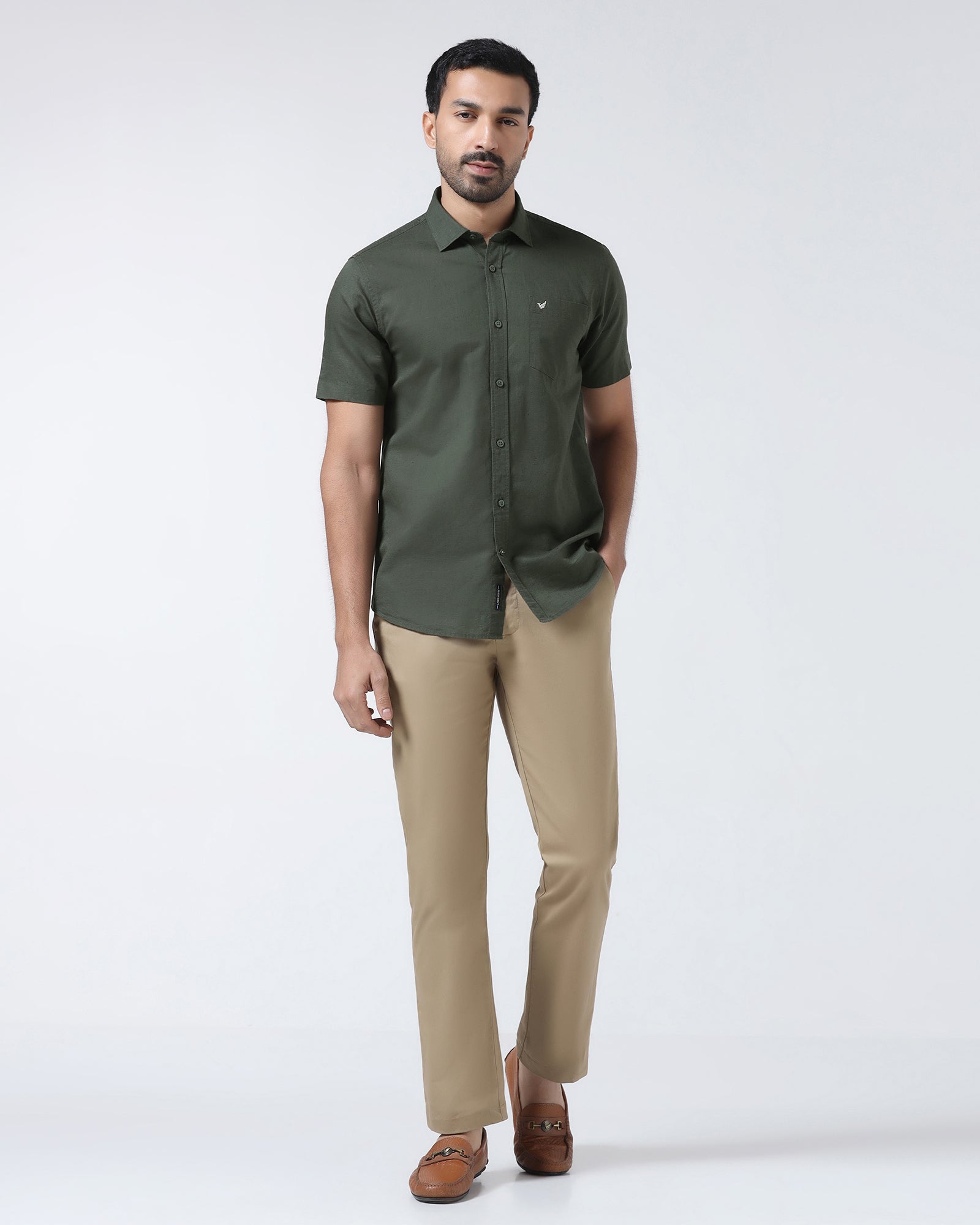 Olive Half Sleeve Linen Solid Shirt - Cleo