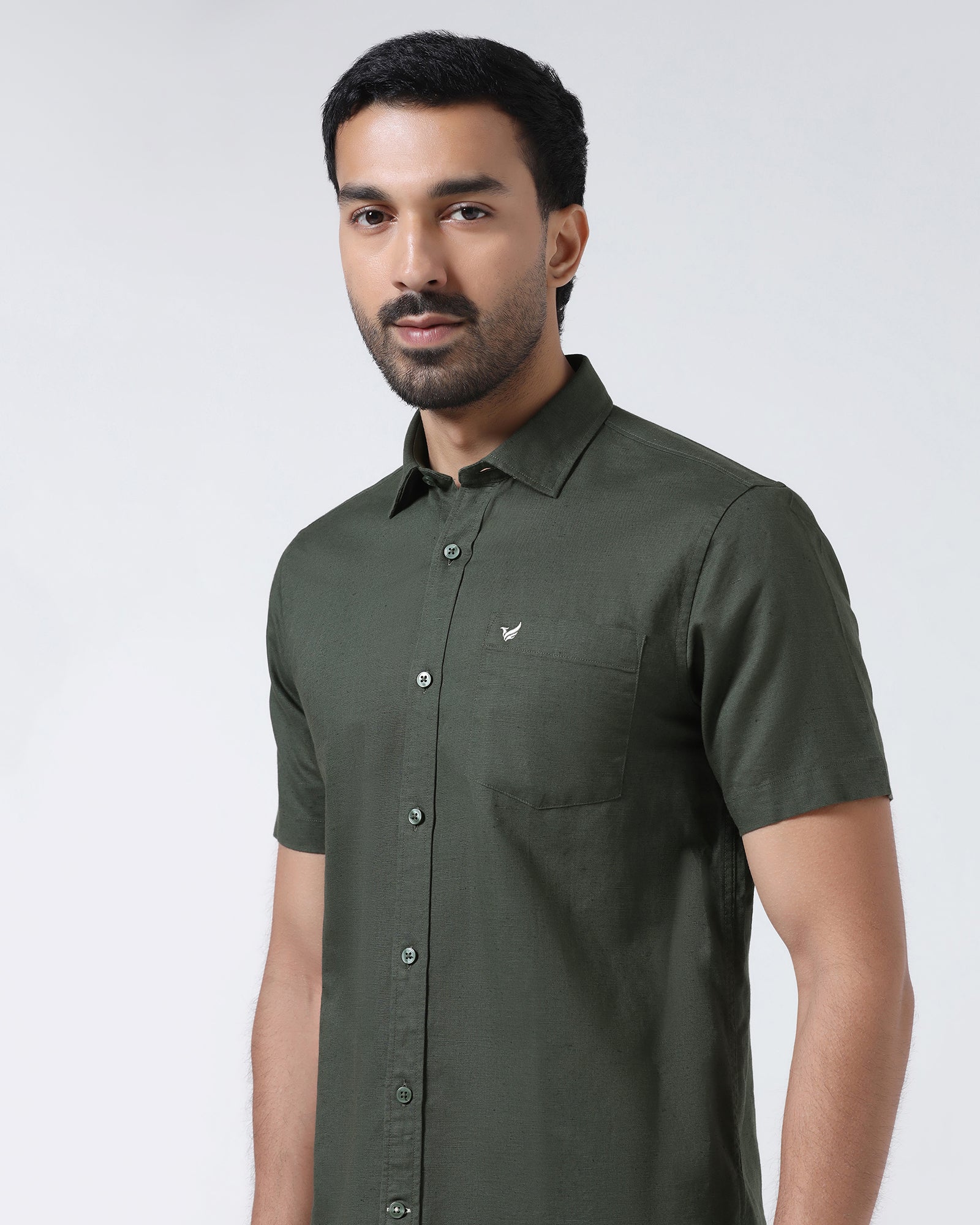 Olive Half Sleeve Linen Solid Shirt - Cleo