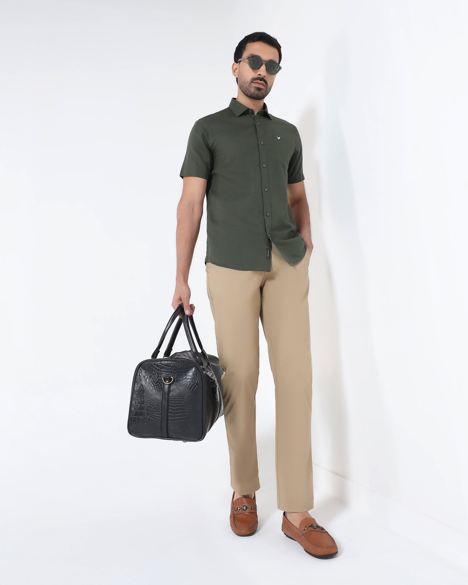 Olive Half Sleeve Linen Solid Shirt - Cleo