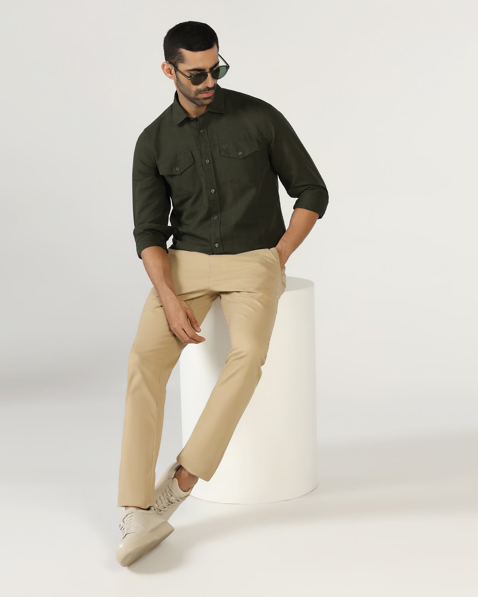 Olive Linen Solid Shirt - Konrad