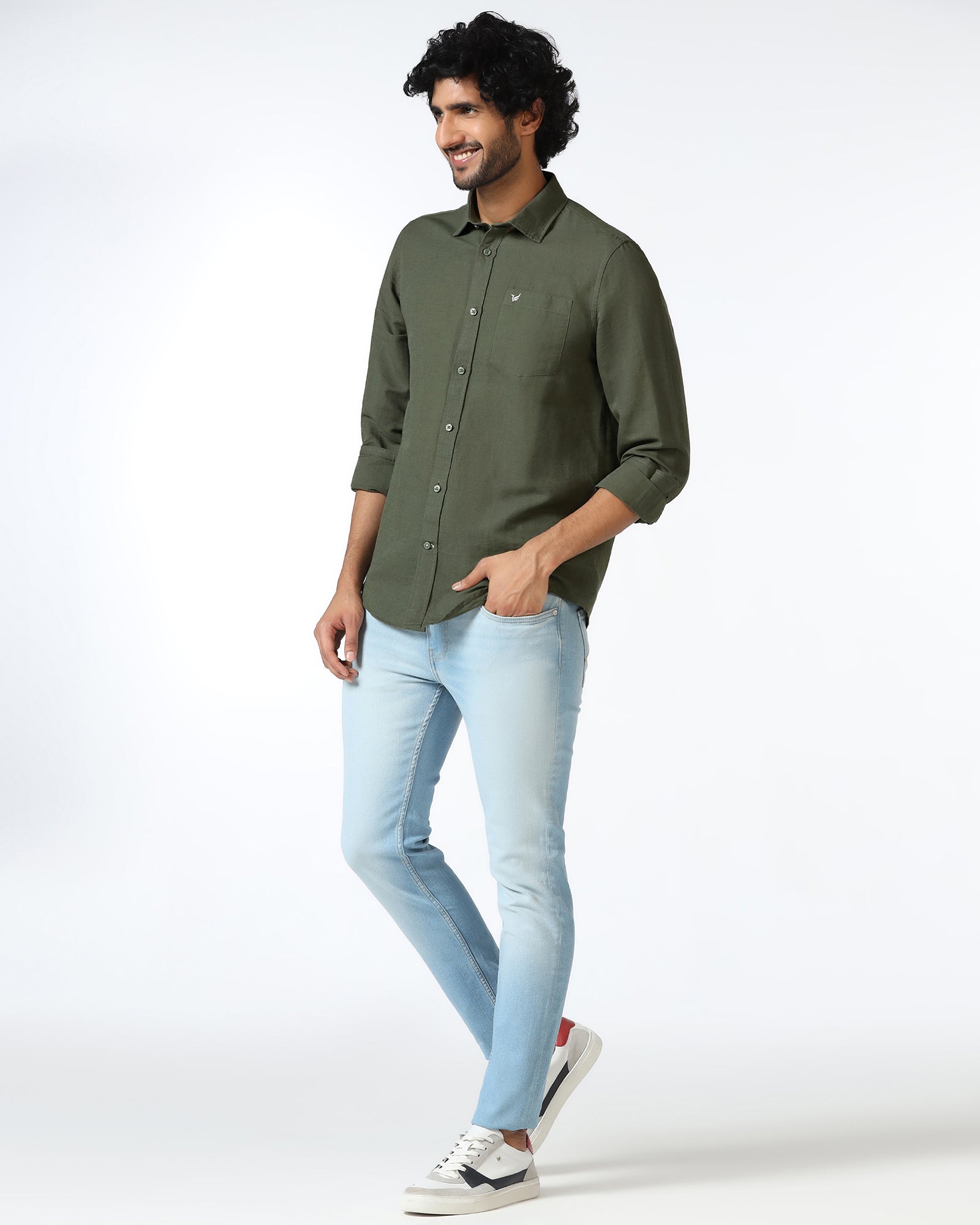 Olive Linen Solid Shirt - Salmon